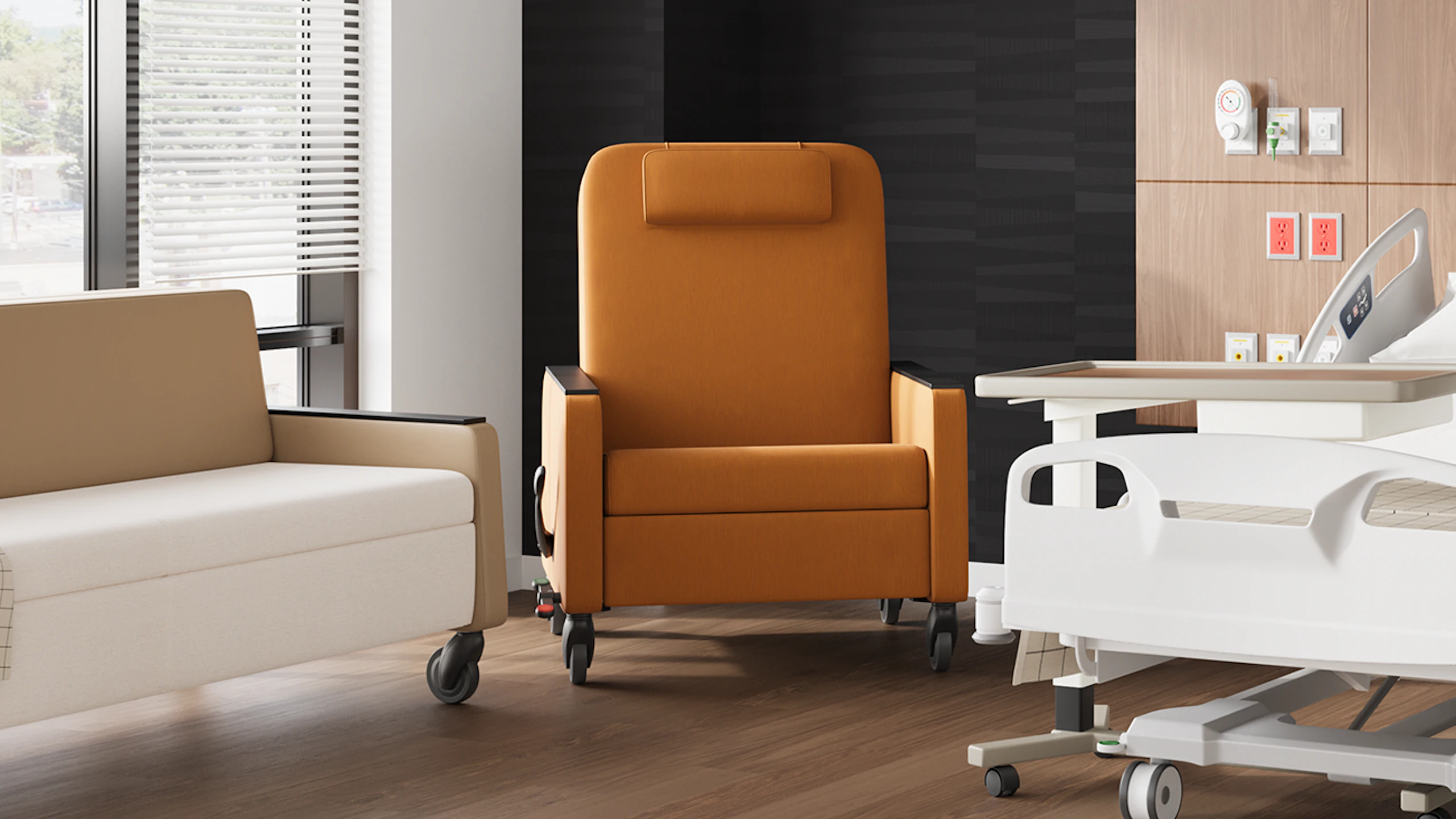 Gemma Recliner & Gemma Flop Sofa paired with Mora System in a patient room.