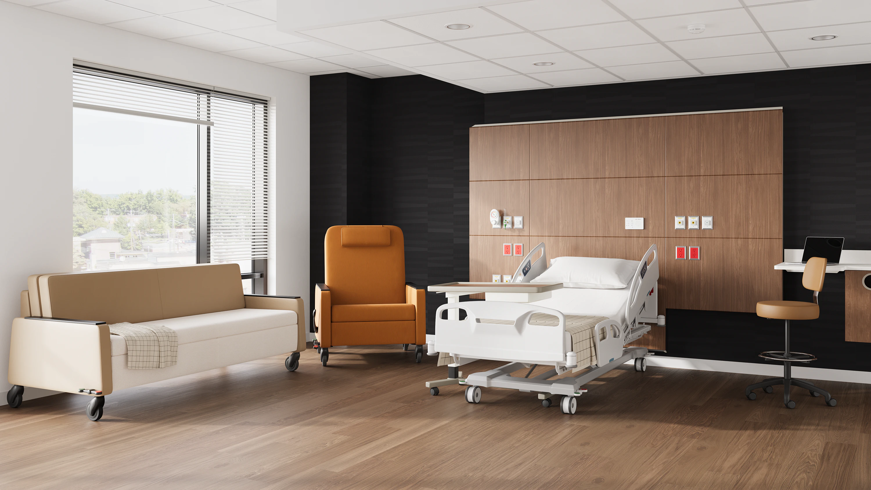 Gemma Recliner & Gemma Flop Sofa paired with Mora System in a patient room.