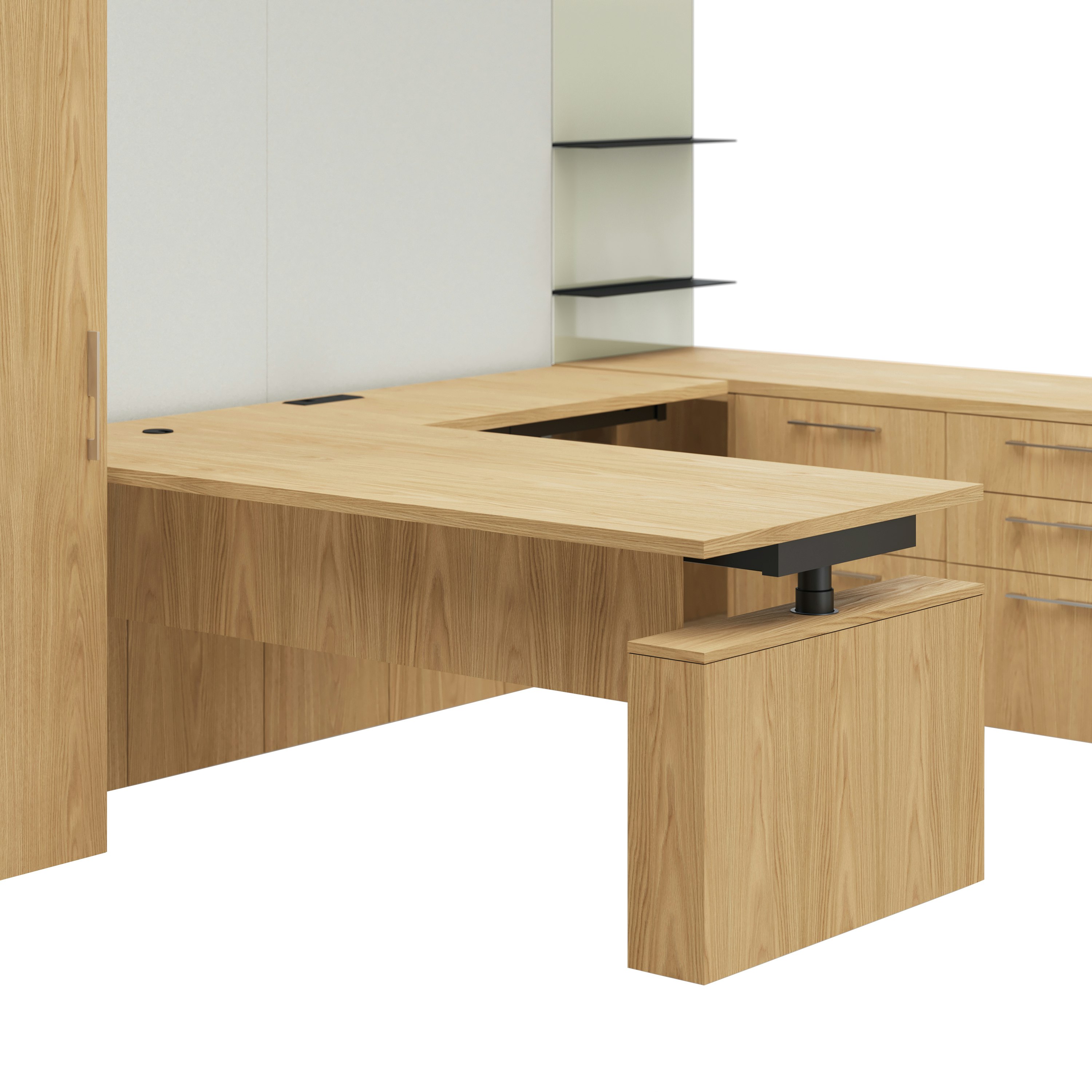 Detail shot of the Geiger One Casegoods leg surround leg option in Natural Flat Cut Oak at sitting height.