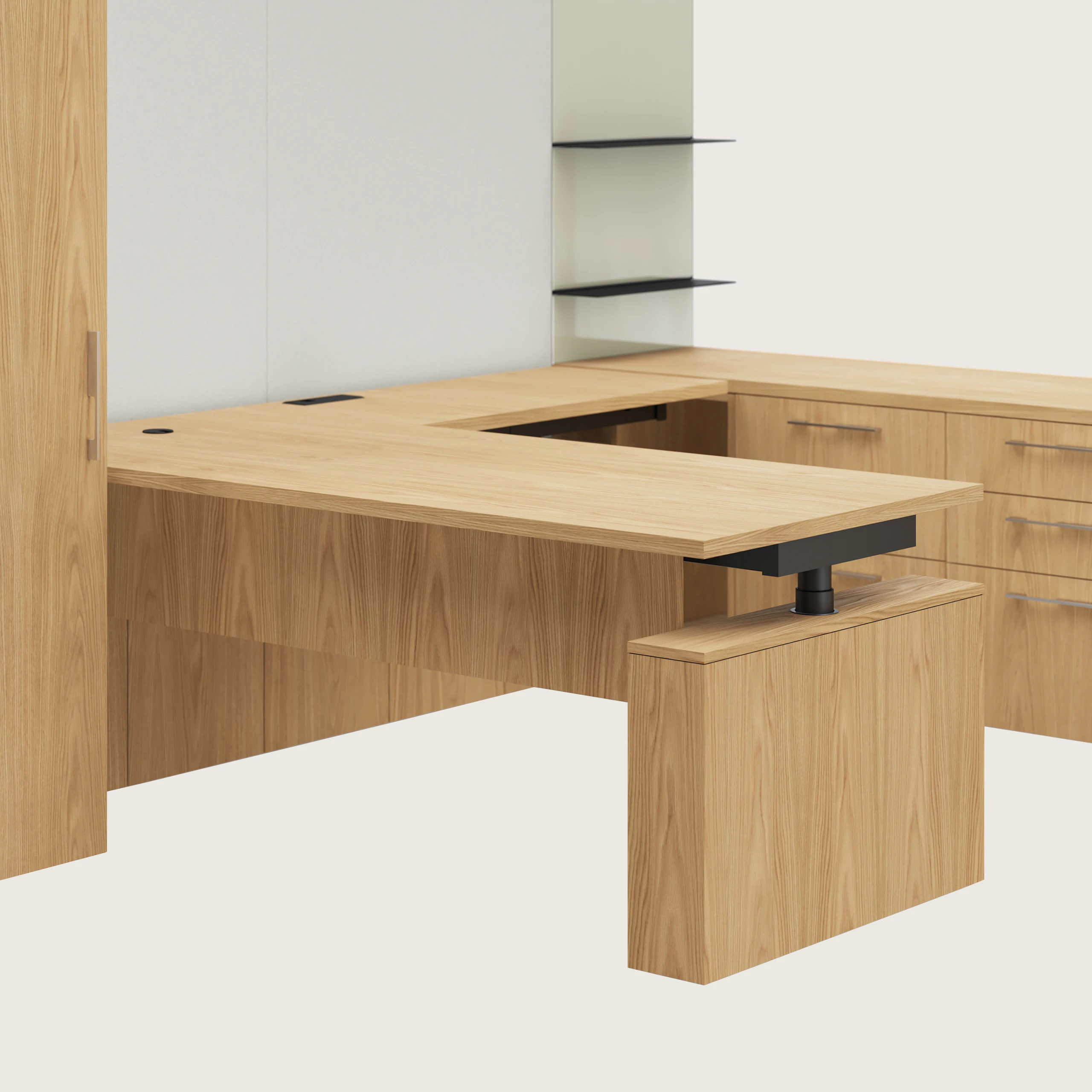 Detail shot of the Geiger One Casegoods leg surround leg option in Natural Flat Cut Oak at sitting height.