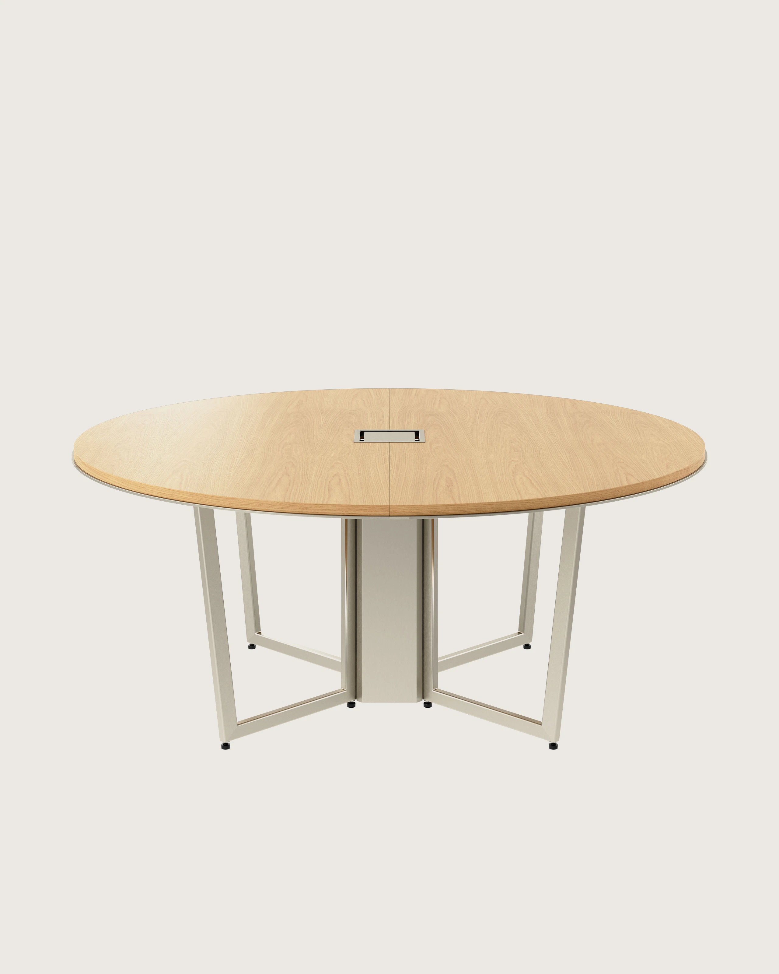 Circular Highline Meeting Table in Natural Flat Cut Oak with a Satin Nickel wire management base viewed from the front.