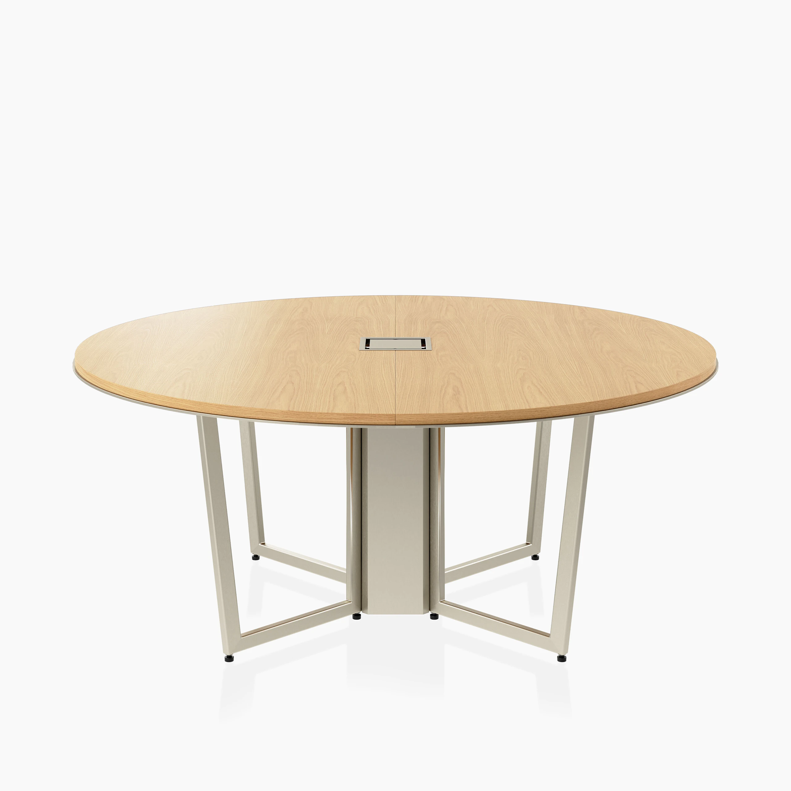 Circular Highline Meeting Table in Natural Flat Cut Oak with a Satin Nickel wire management base viewed from the front.