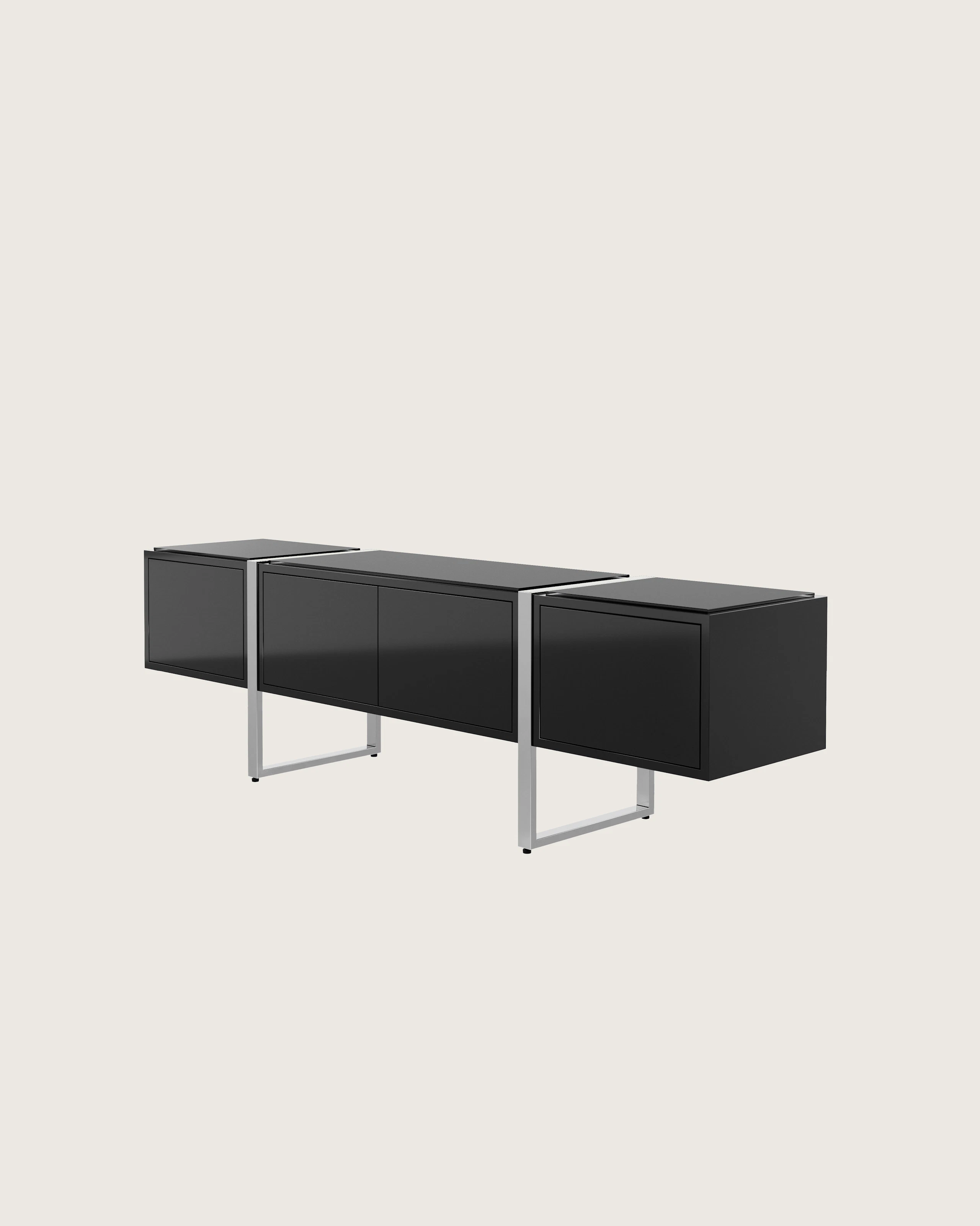 Highline Credenza in Black Polyester with Clear Black Backpainted Glass top and Polished Chrome legs viewed from a 45 degree angle.