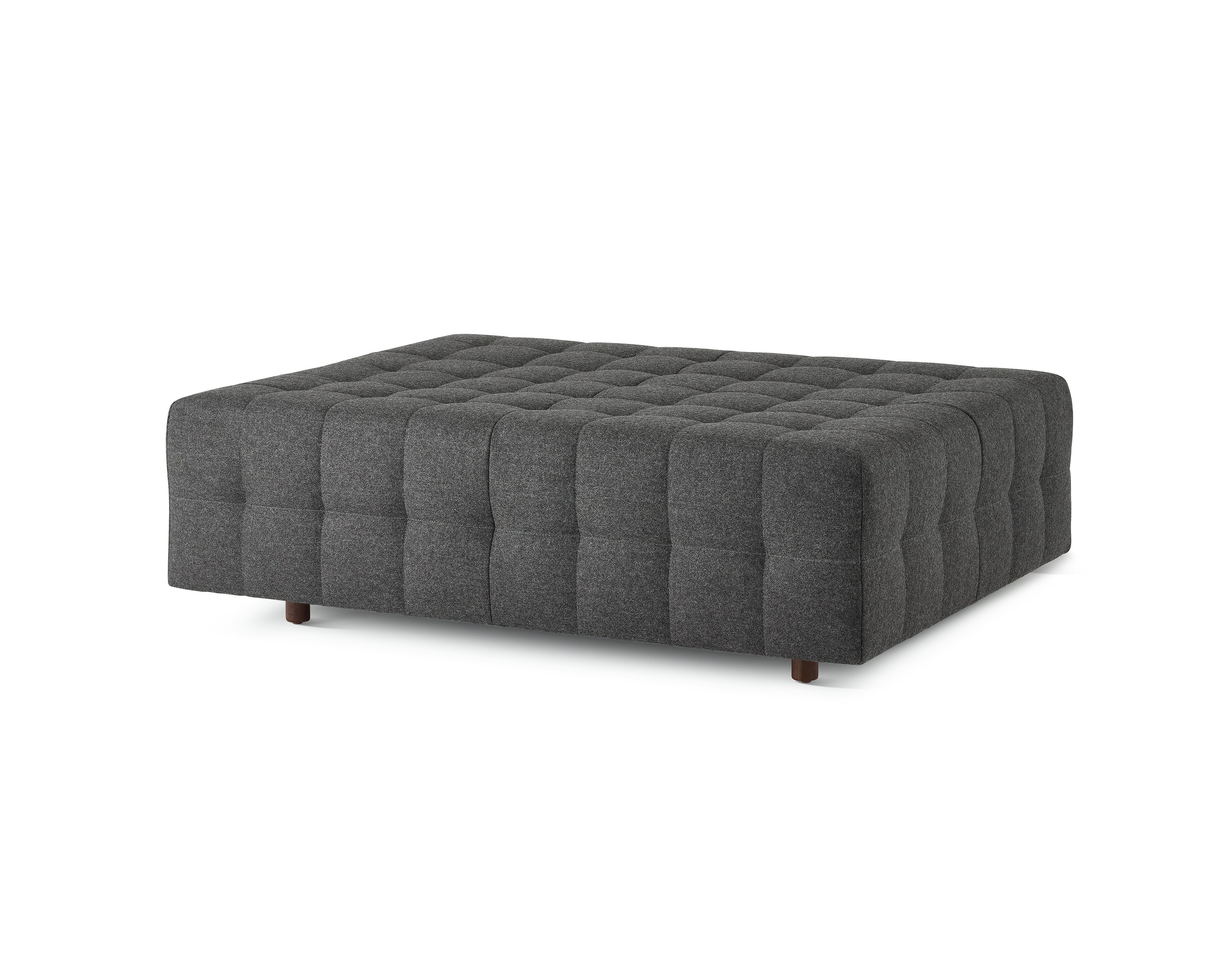 A Rapport ottoman upholstered in a dark grey fabric.