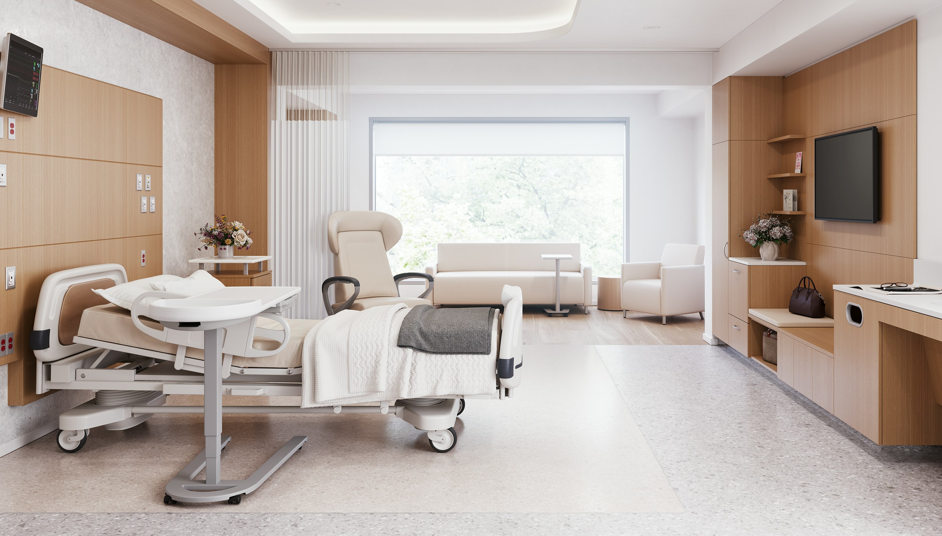 Patient room in a healthcare facility furnished with a patient bed, Nemschoff Ava Recliner, and the Compass System.