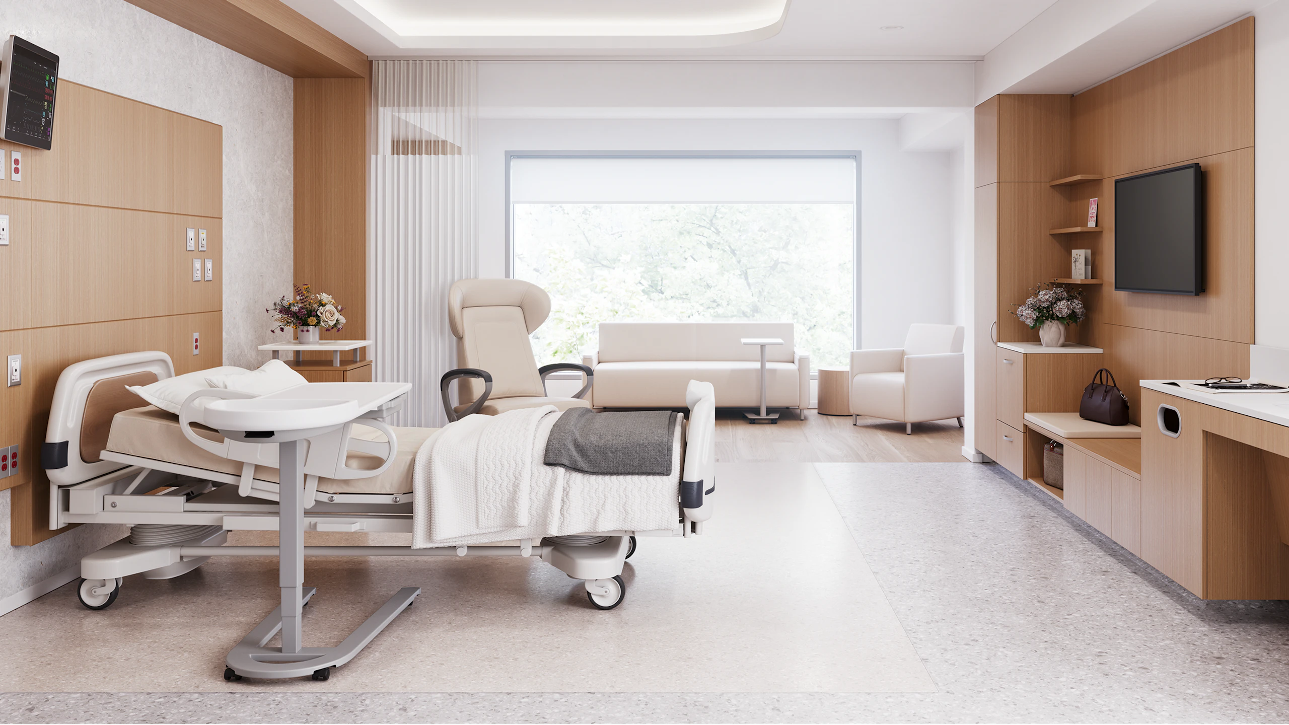 Patient room in a healthcare facility furnished with a patient bed, Nemschoff Ava Recliner, and the Compass System.