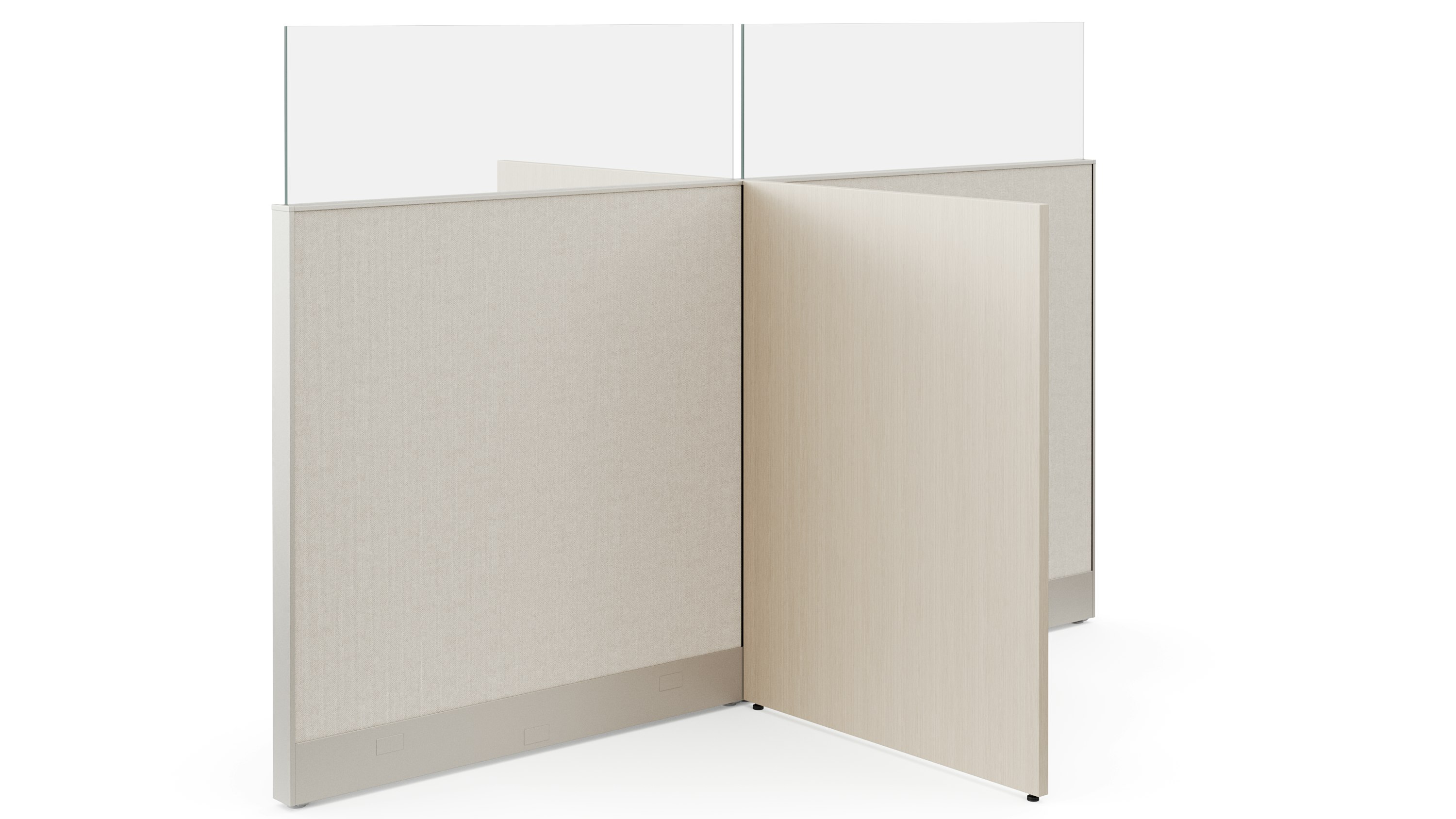 A white sweep rendering shows a system panel joining perpendicular to a gallery panel. Both the screen and the panel have a glass add on sitting on the top.