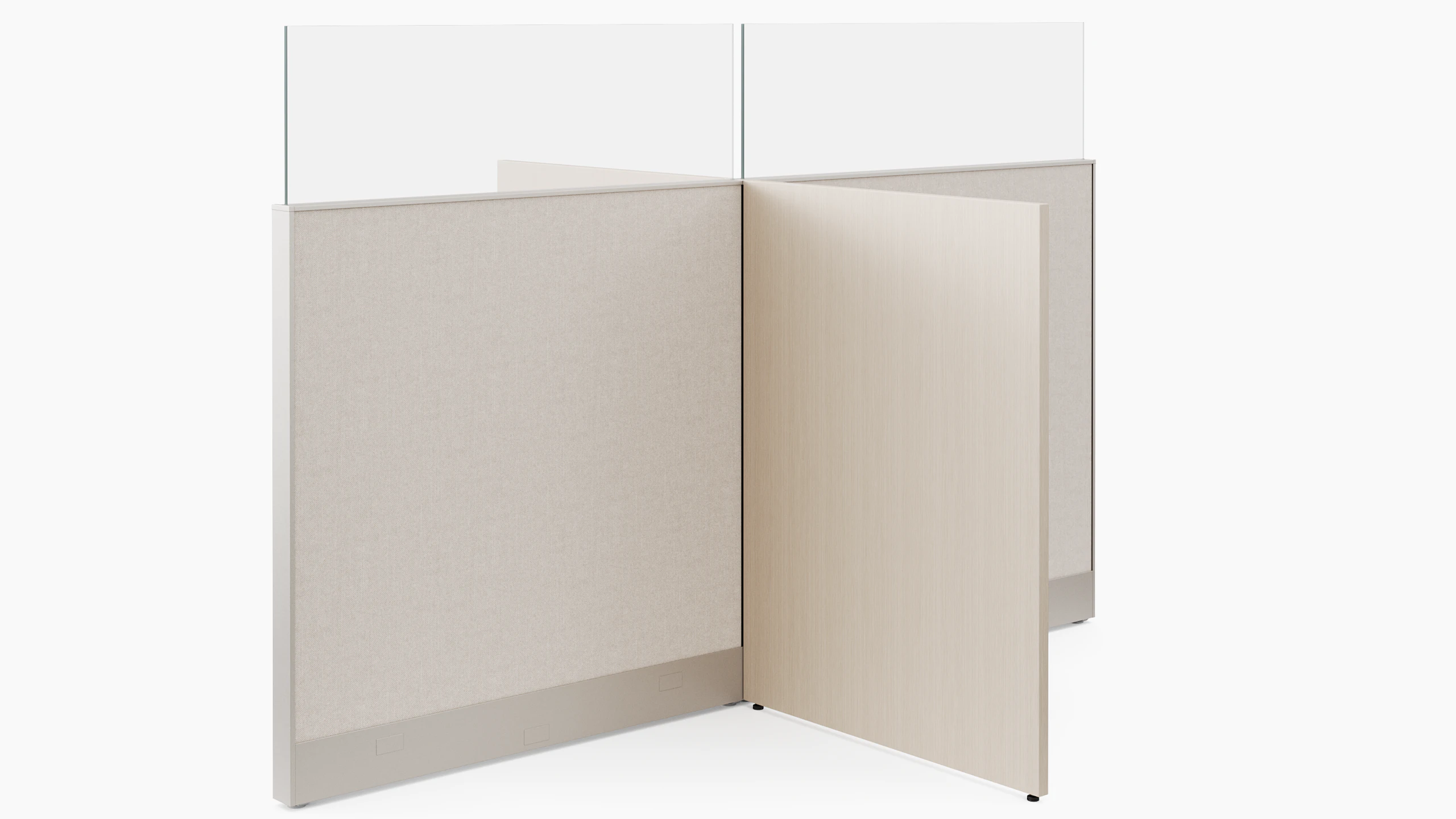 A white sweep rendering shows a system panel joining perpendicular to a gallery panel. Both the screen and the panel have a glass add on sitting on the top.