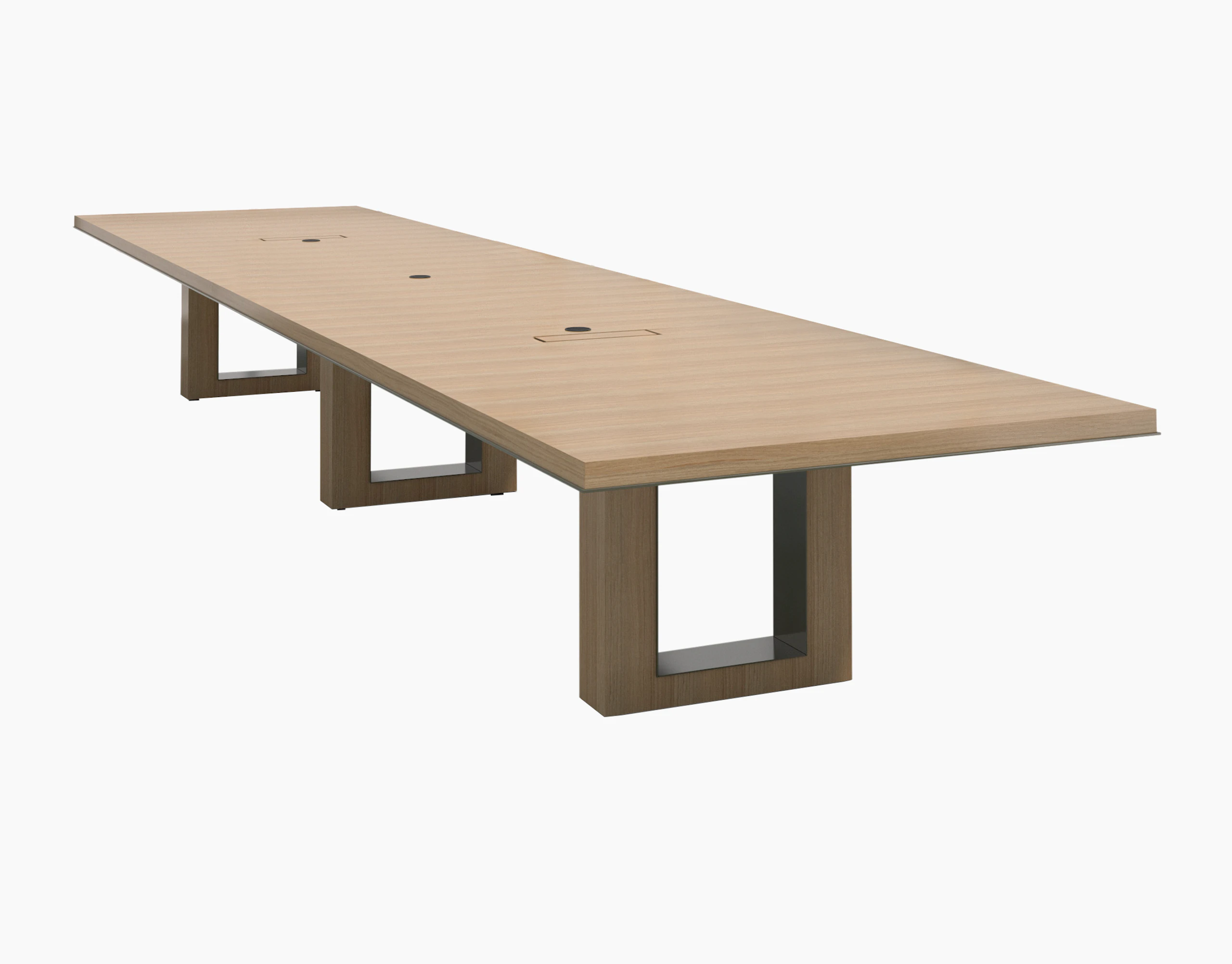 Highline 50 Conference Table with Rift American White Oak top and base, tabletop power, angled view.
