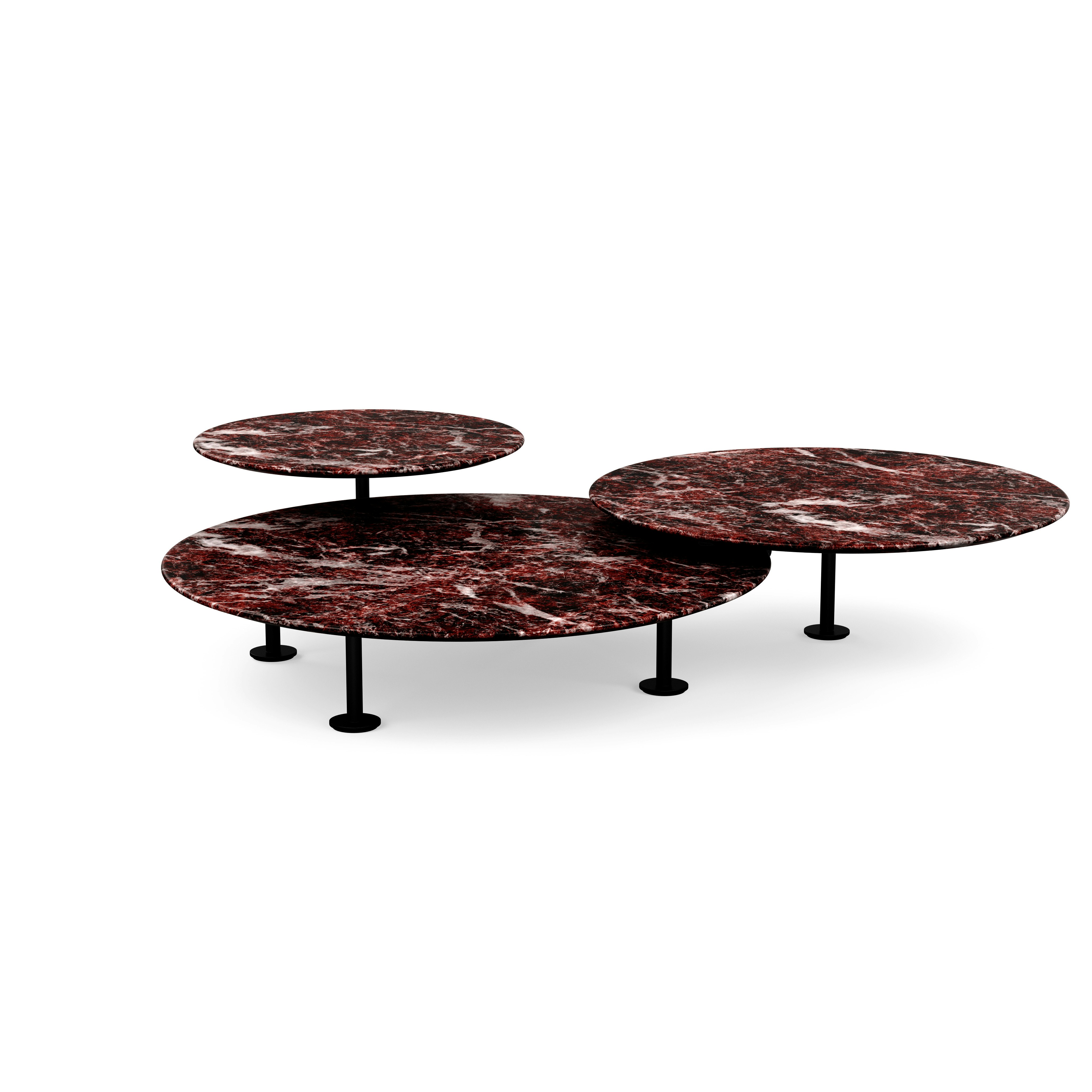 Grasshopper Triple-Top Coffee Table - Marble, Satin Rosso Rubino, Black