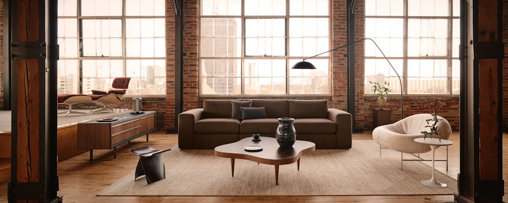 Irvin Sofa in Pebble Weave Bark, Bun Lounge Chair and Rohde Coffee Table