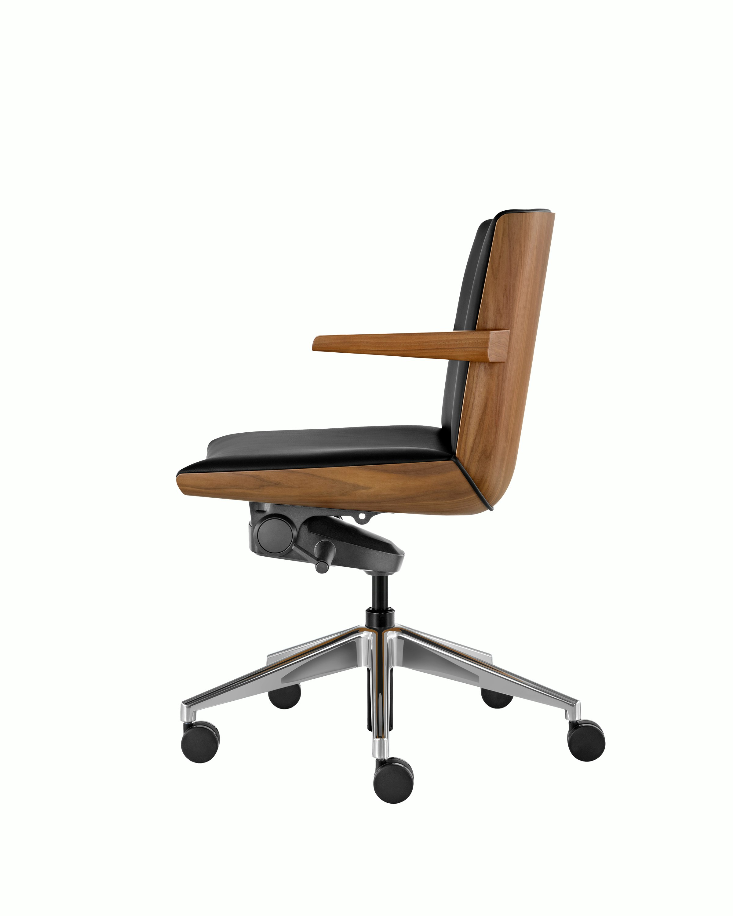 Profile view of a low-back Clamshell Conference chair with black leather upholstery, a walnut shell, with arms.