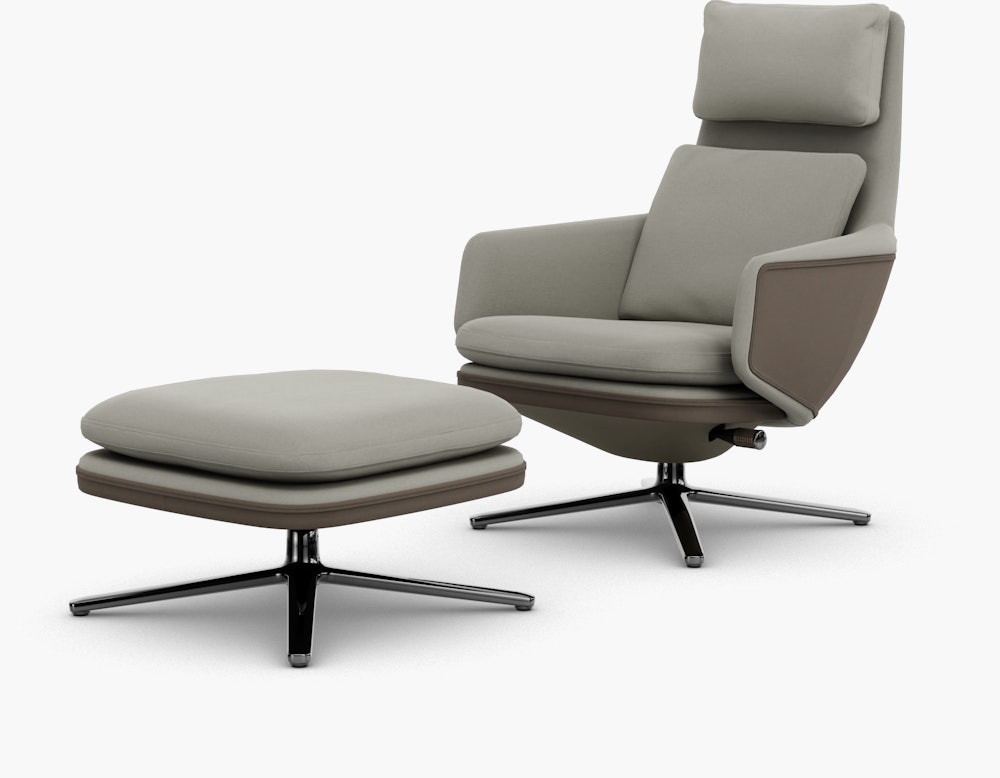 Grand Relax Lounge Chair and Ottoman - Hola, Pearl, Back Uph, Leather Forte, Sand, Polished Aluminum