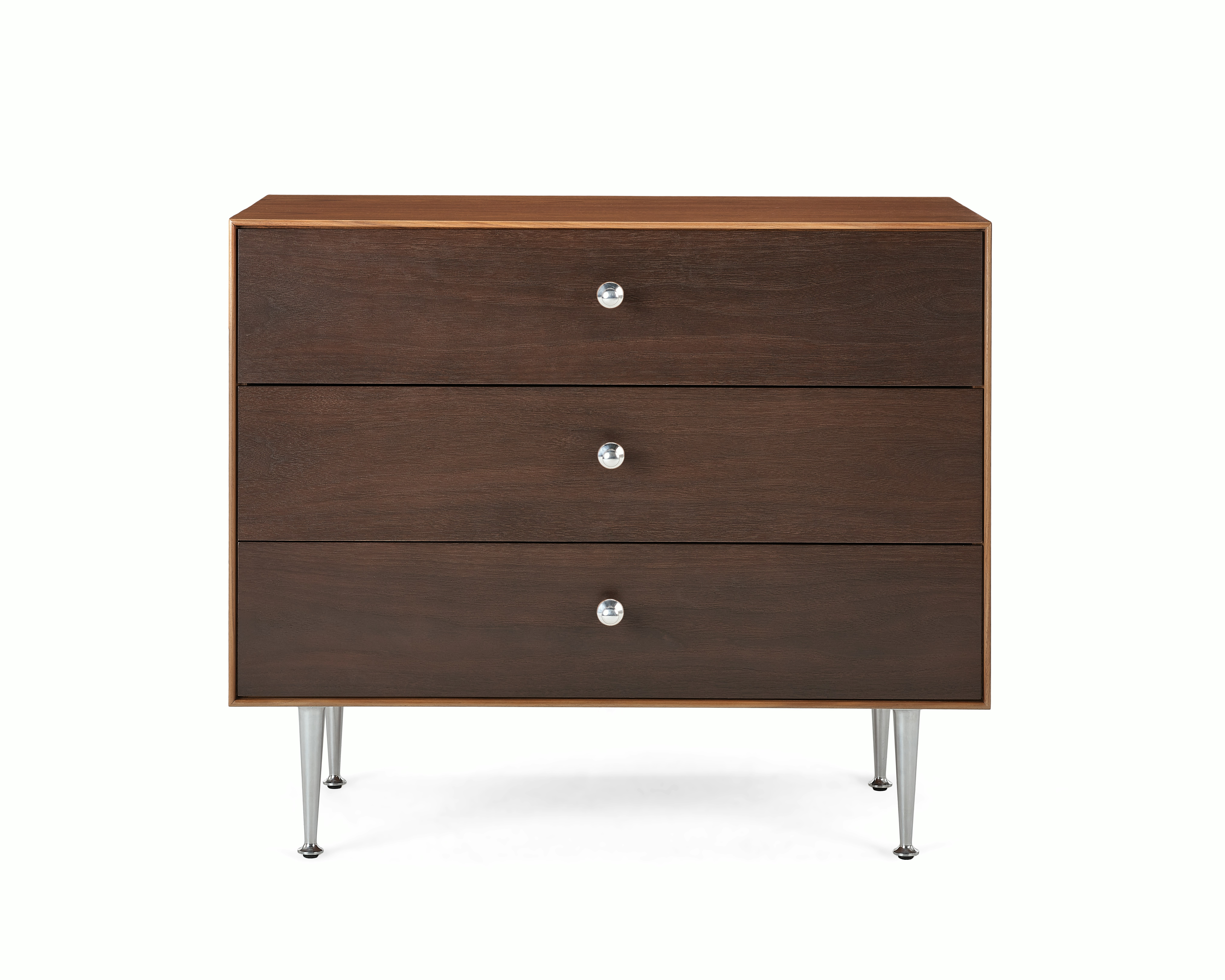 A Nelson Thin Edge 3-Drawer Chest in brown silver viewed from the front.