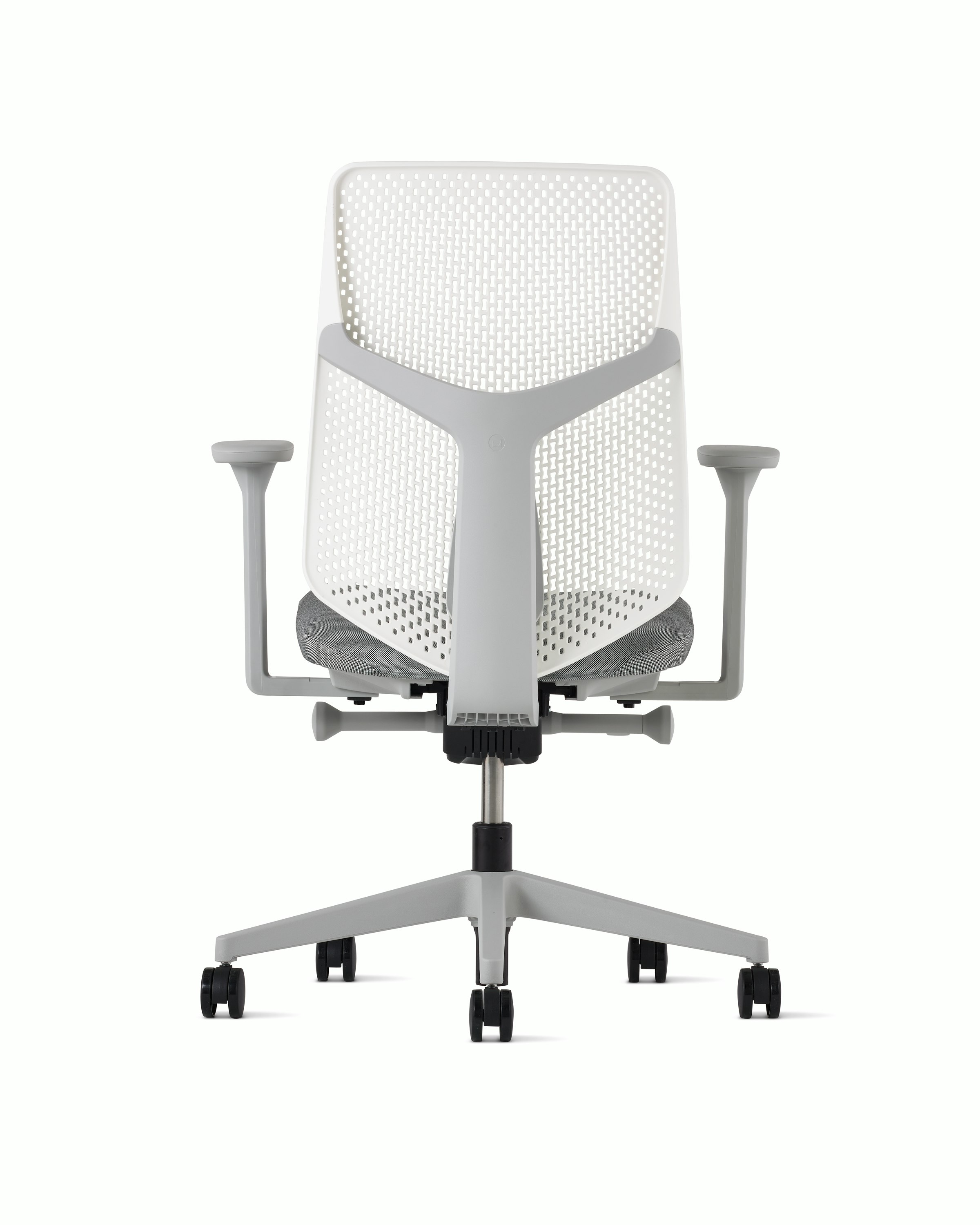 A white Verus Chair with Triflex back, grey seat and frame viewed from the back.