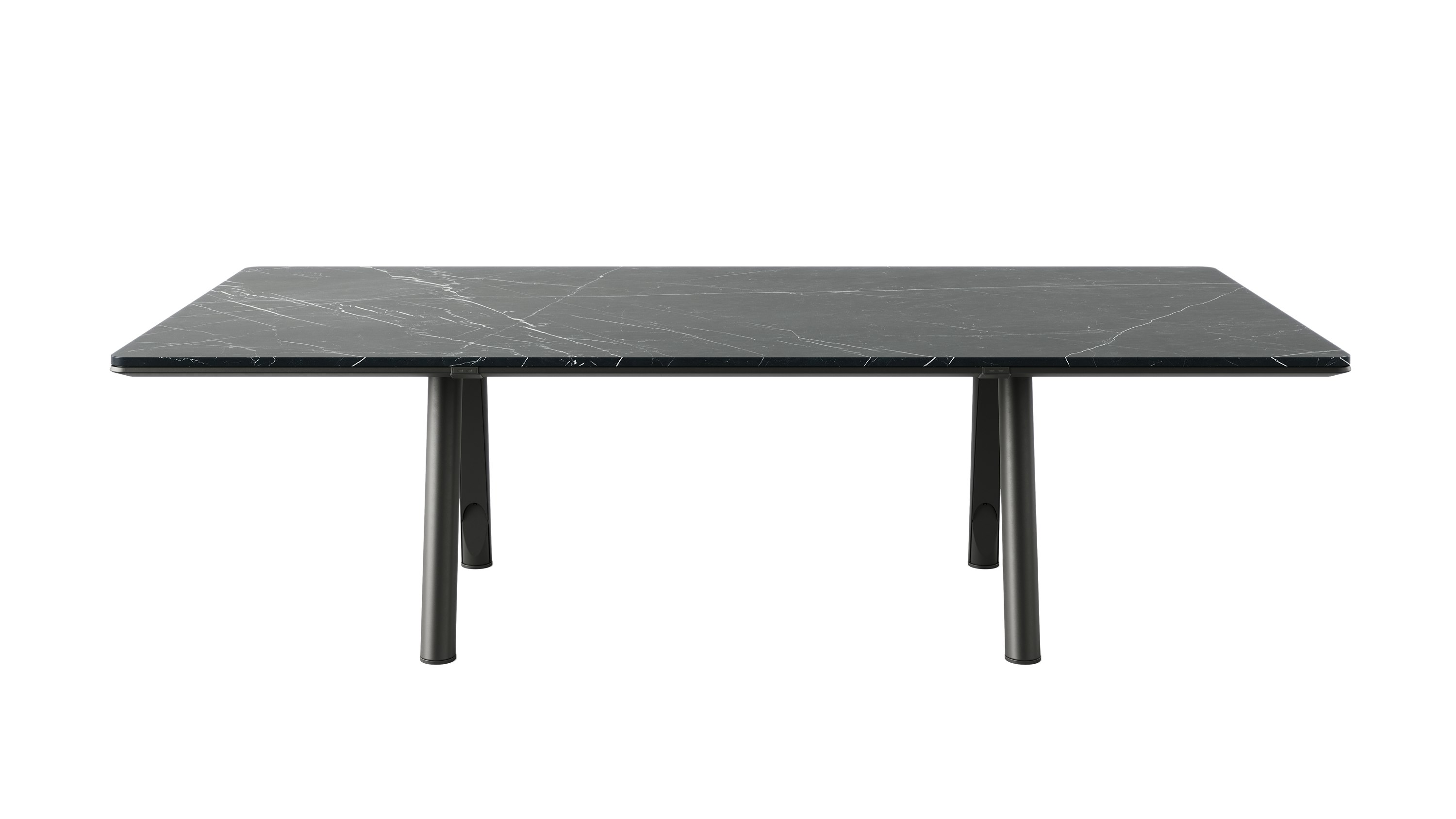 Ascent Conference Table designed by EOOS in Nero Marquina marble with a jet black base shown front-facing on a white sweep.