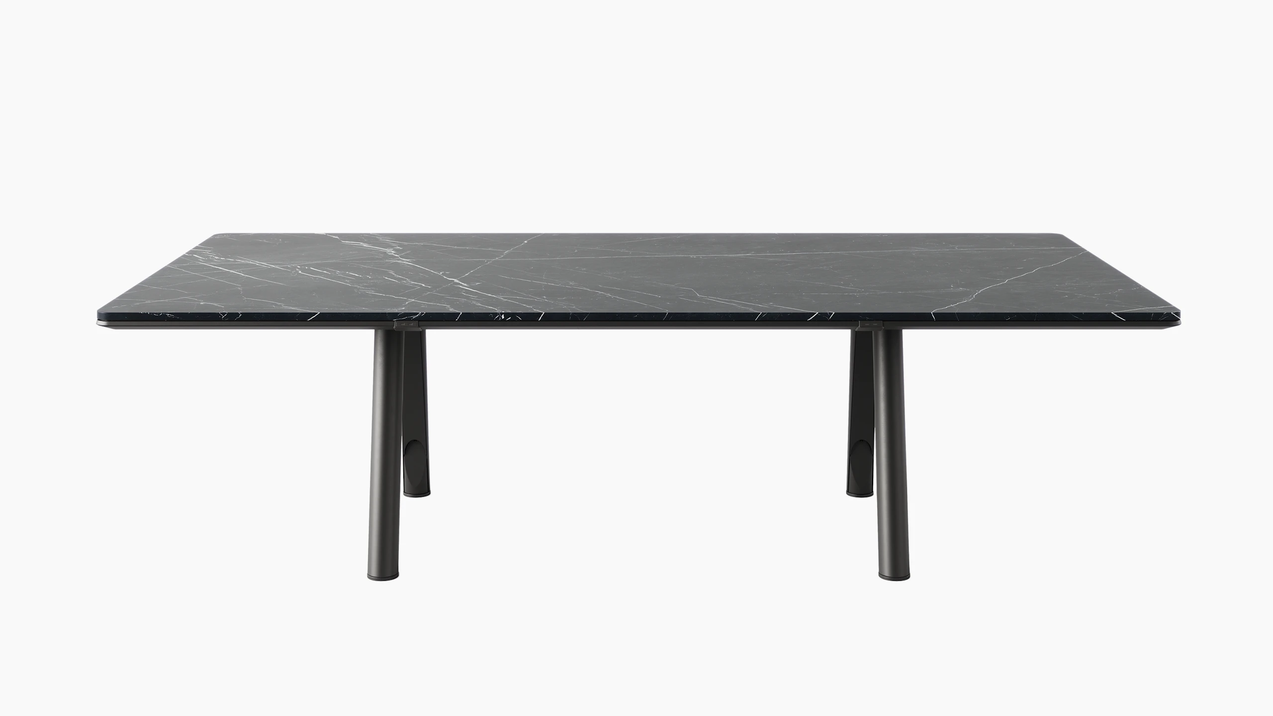 Ascent Conference Table designed by EOOS in Nero Marquina marble with a jet black base shown front-facing on a white sweep.