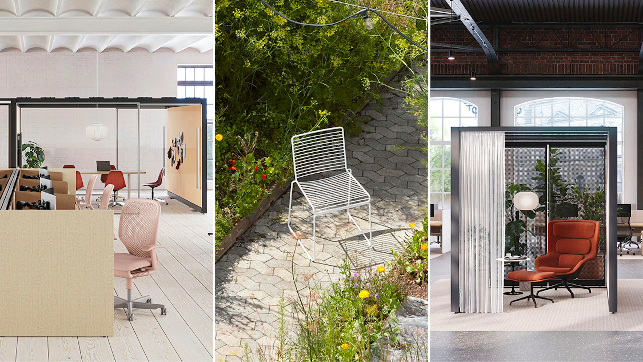 A collage of different spaces - including an interior office, exterior walkway, and a group neighborhood workspace - that represent community, group, and individual settings