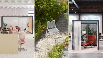 A collage of different spaces - including an interior office, exterior walkway, and a group neighborhood workspace - that represent community, group, and individual settings