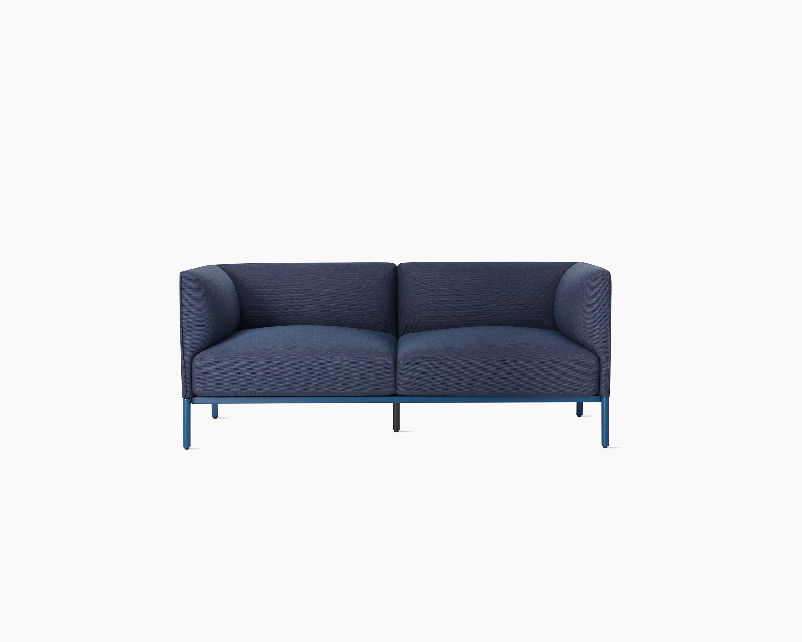 Front view Blue Mimo 2 seat settee on white background.