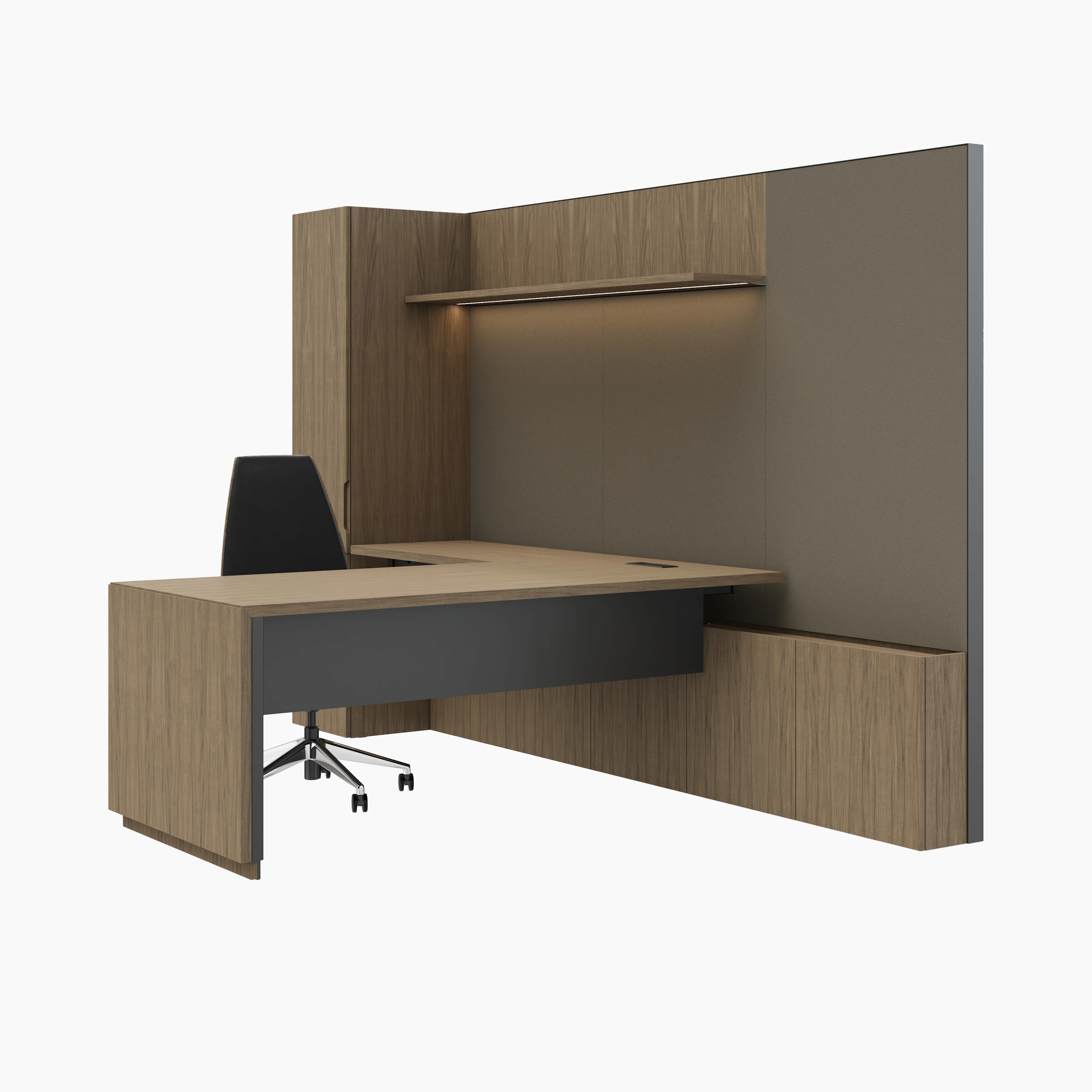 A Geiger One Private Office in Natural Flat Cut Walnut with a Clamshell Conference Chair viewed at an angle.