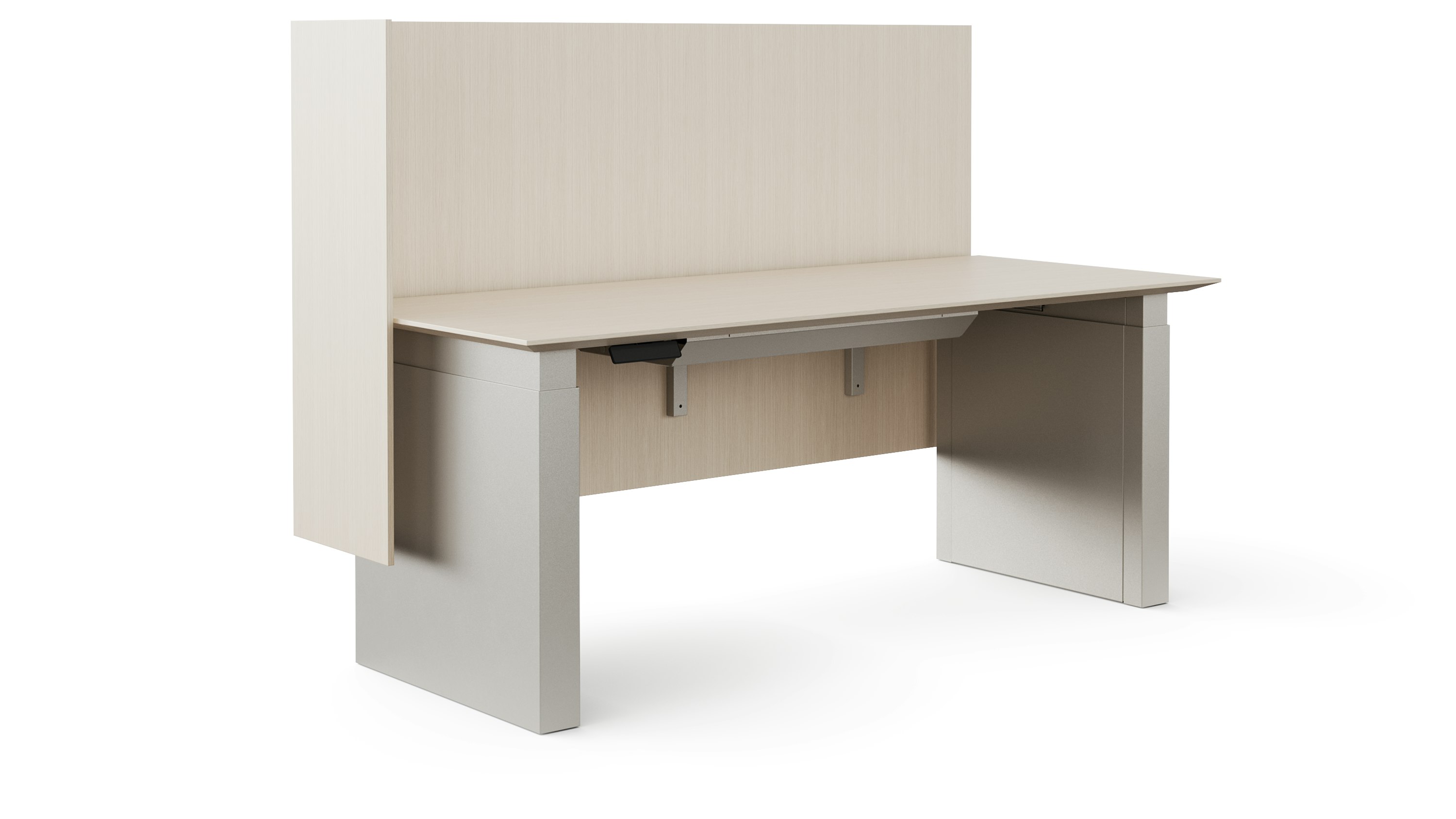 White sweep rendering of a height adjustable work table in a light veneer with surface attached privacy screen viewed at an angle.