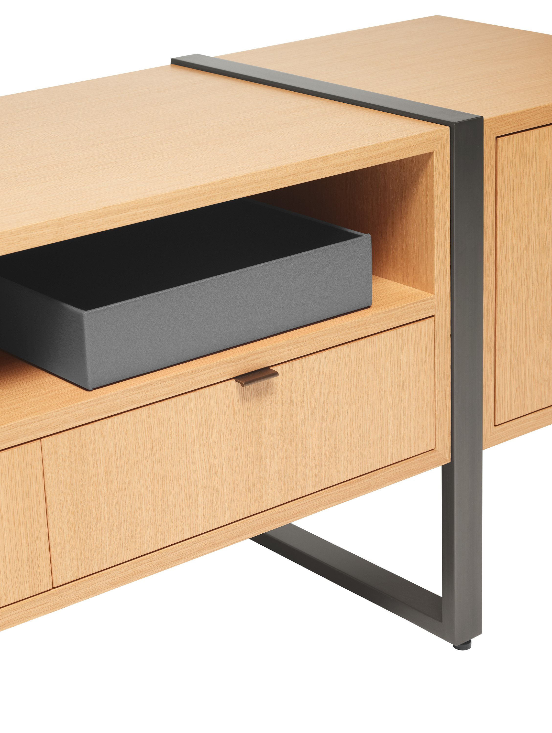 Highline Credenza in Rift Cut European White Oak with Gunmetal Grey Metal legs, detail view.