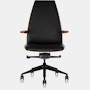 A high-back Clamshell office chair with arms and black leather upholstery, viewed from the front.