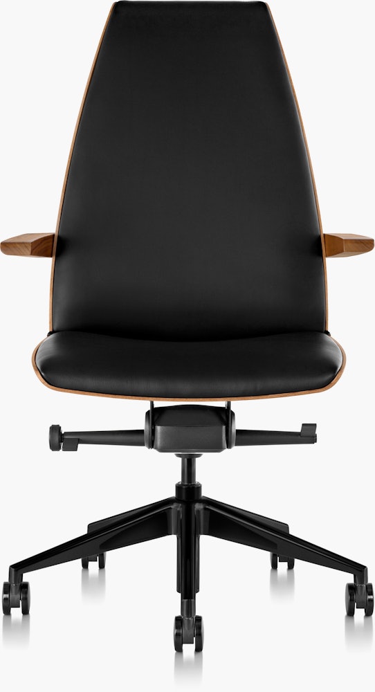 A high-back Clamshell office chair with arms and black leather upholstery, viewed from the front.