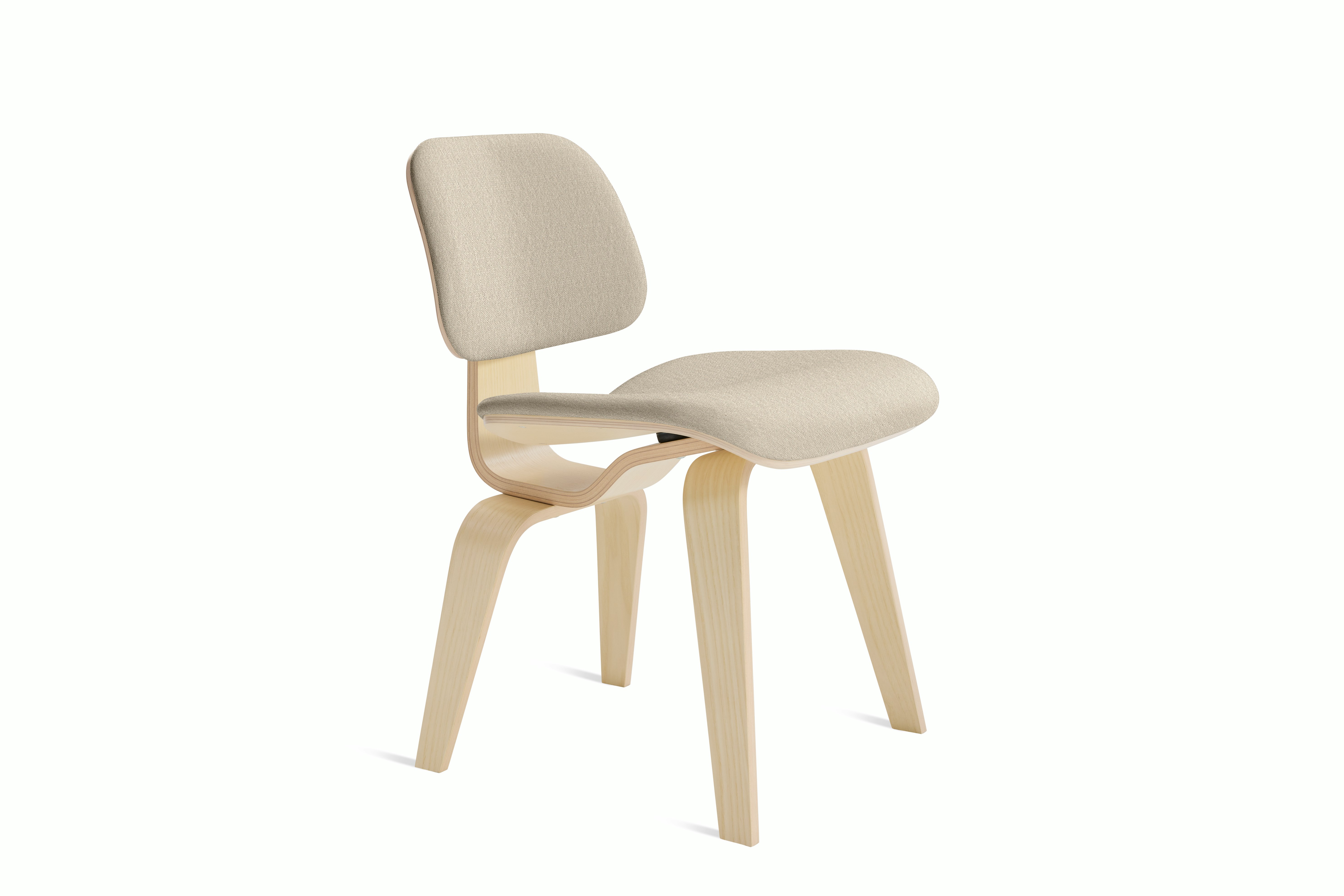 Eames Molded Plywood Dining Chair Wood Base (DCW) - Side Chair, Upholstered, White Ash, Album Linen, Gentle