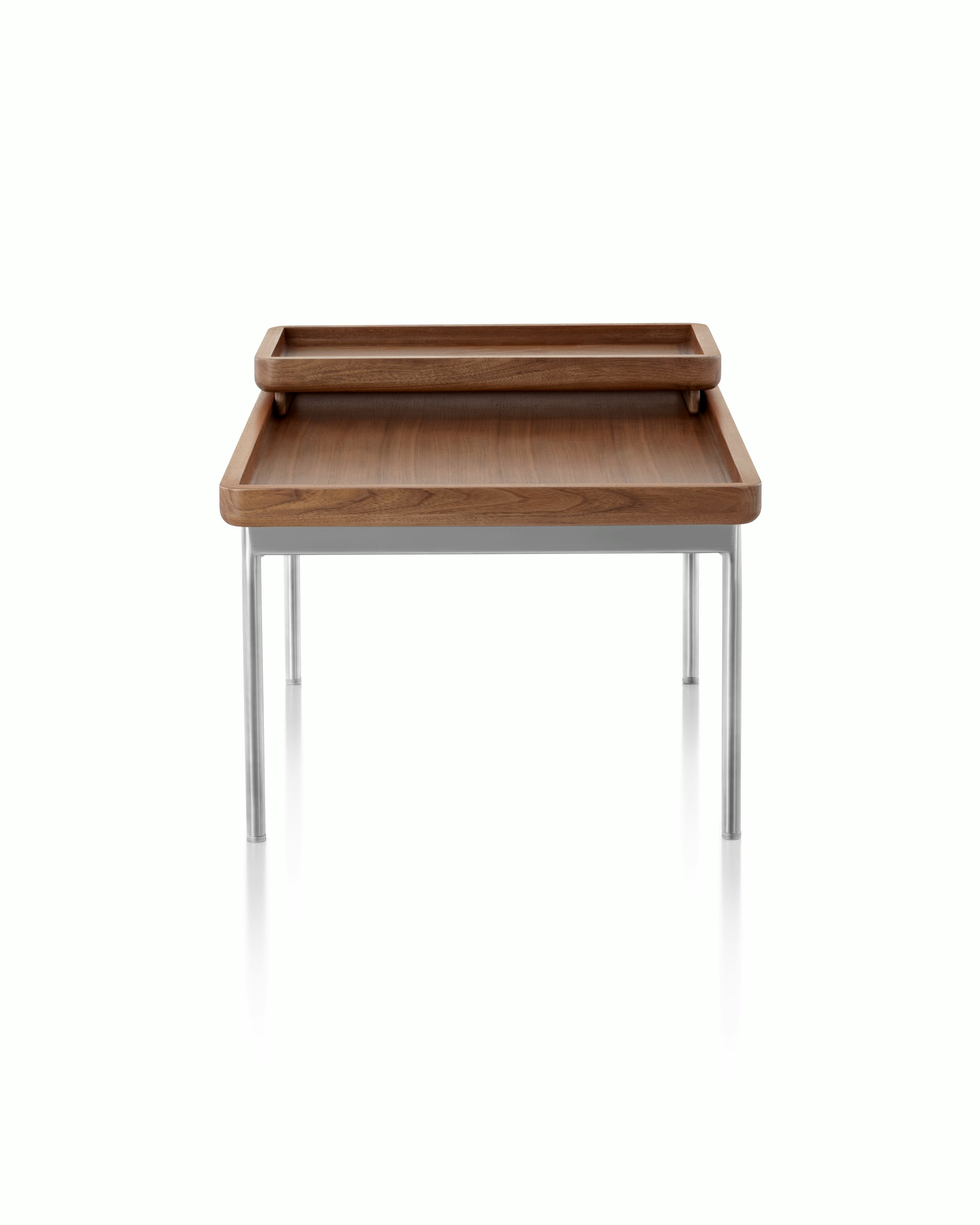 A Tuxedo Component Table with a nested wood tray, wood top, and metal base, viewed from the front.