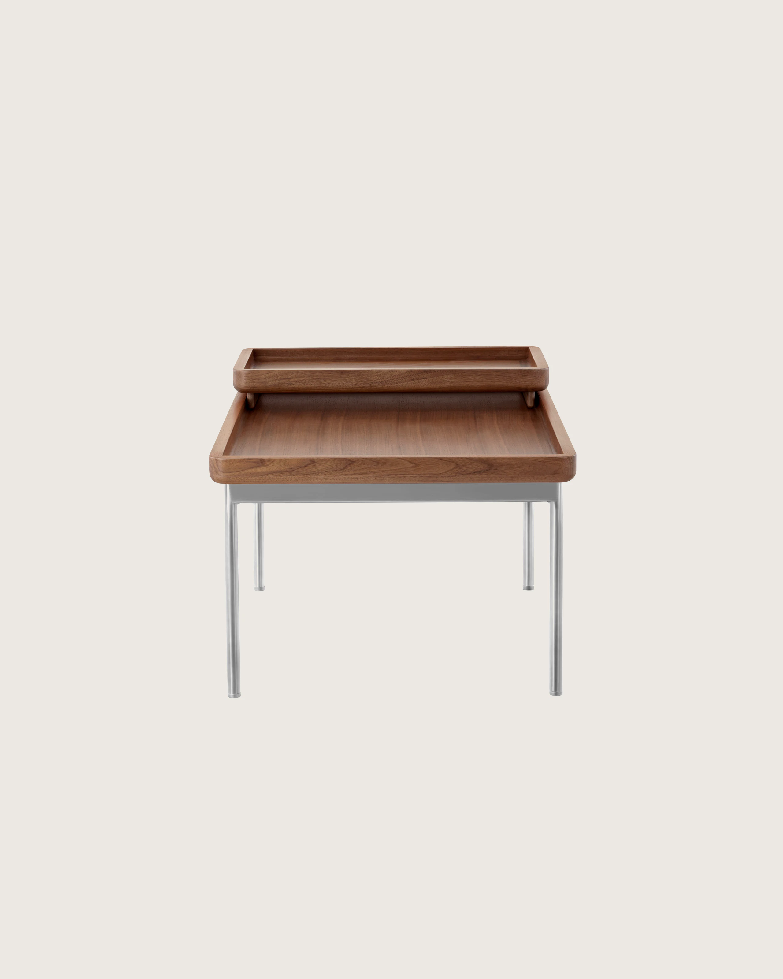 A Tuxedo Component Table with a nested wood tray, wood top, and metal base, viewed from the front.
