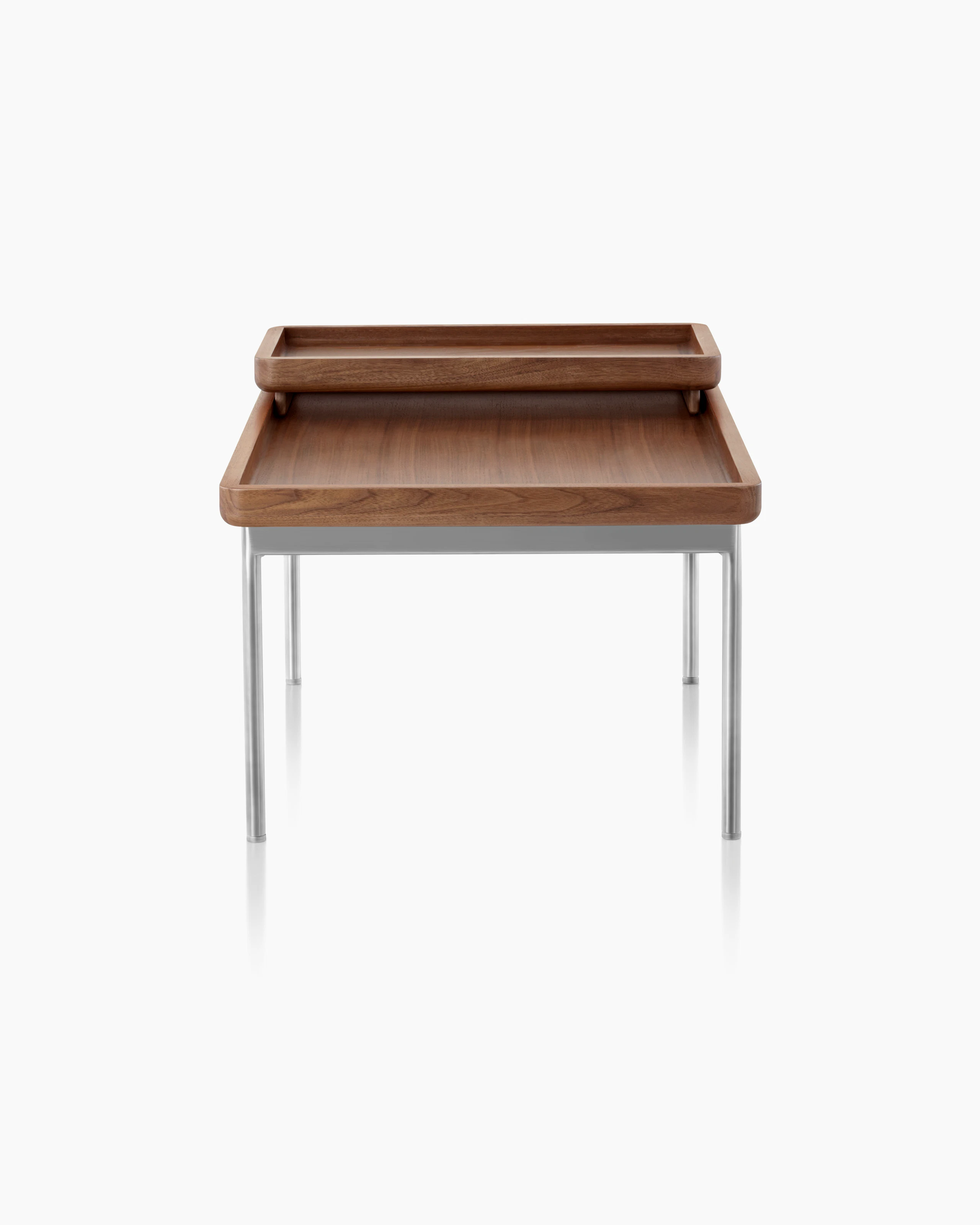 A Tuxedo Component Table with a nested wood tray, wood top, and metal base, viewed from the front.