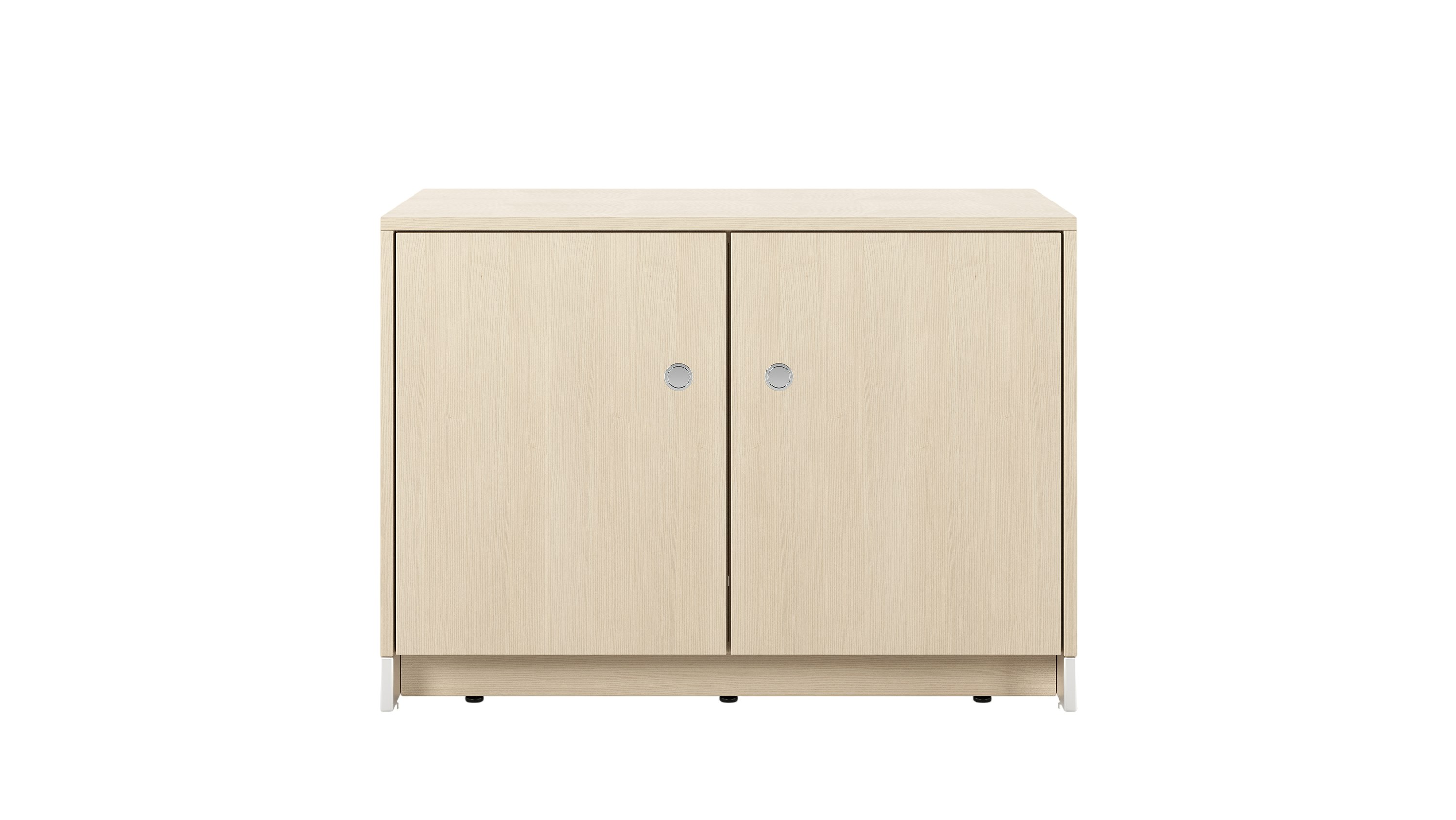 37.5 inch wide Sled Base Credenza with shelf storage in ash with a chrome base and pulls viewed from the front.