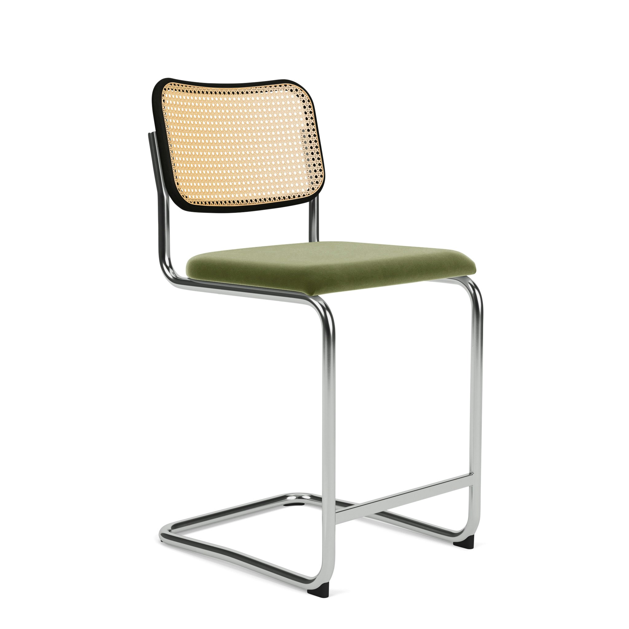 Cesca Counter Stool - Caned/Ebonized Beech Back,  Upholstered Seat,  Knoll Velvet,  Sage