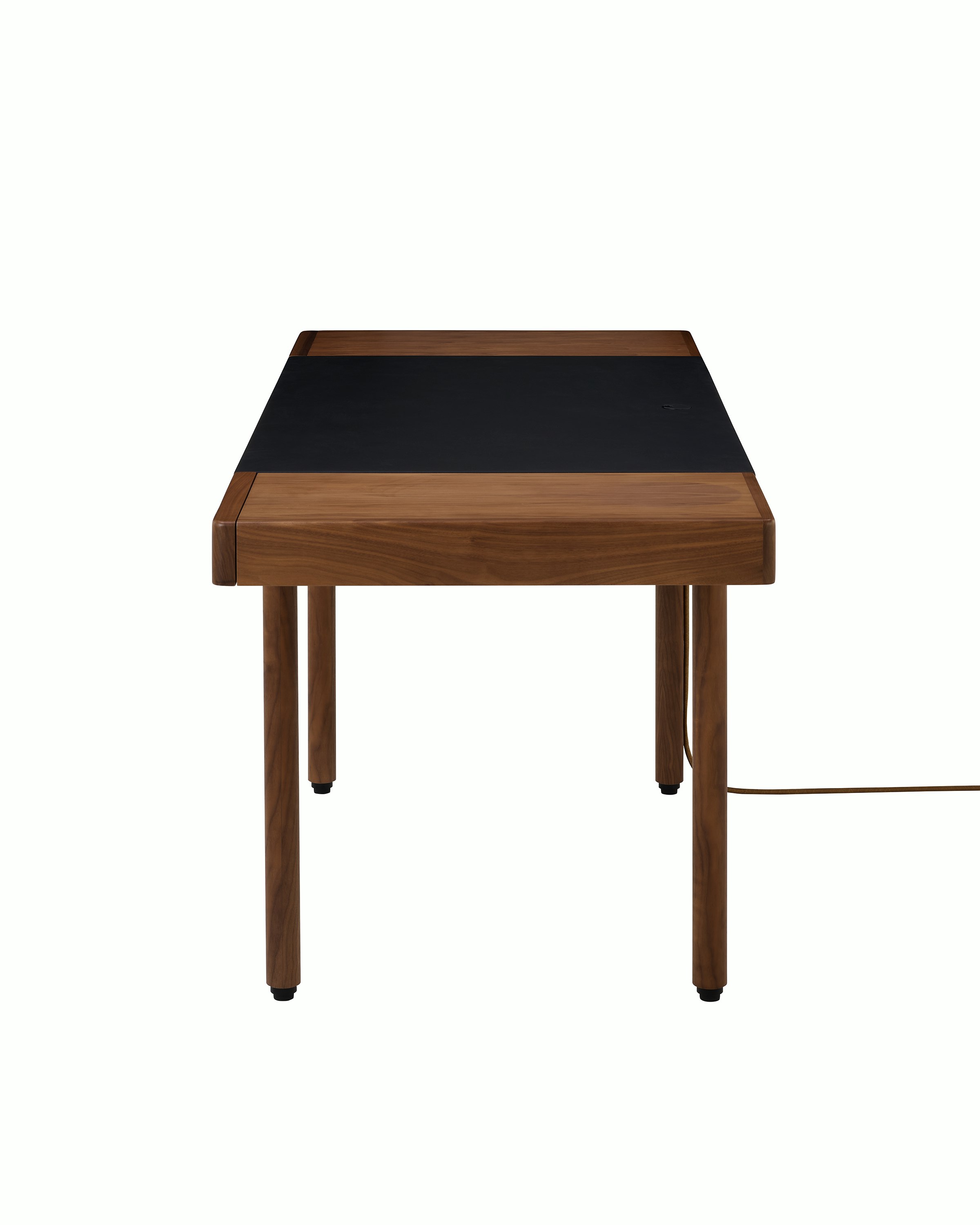 New Canaan Leatherwrap Sit-to-Stand Desk in Walnut and Black Leather, two drawers, with cord, side view.