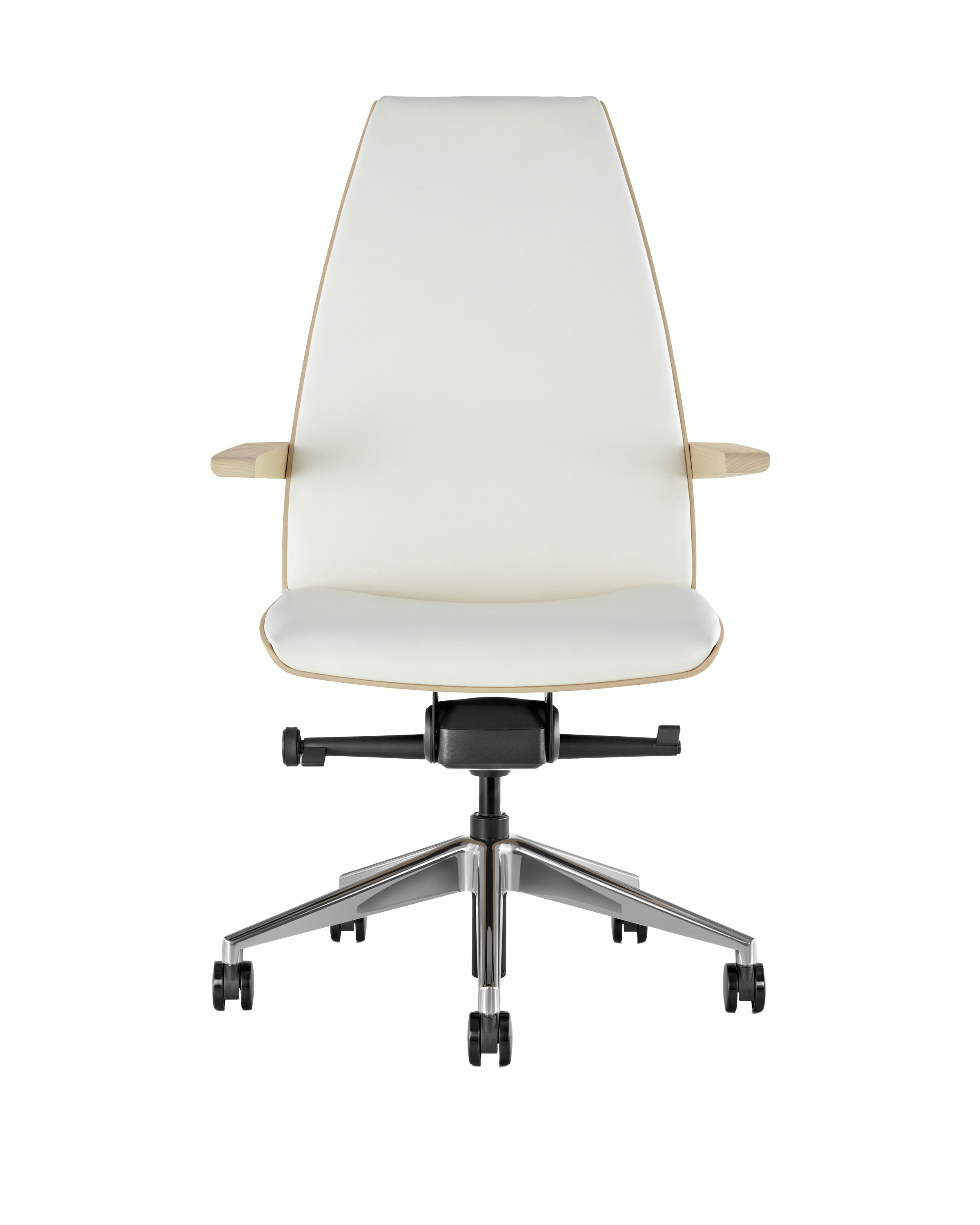 Front view of a high-back Clamshell Conference chair with arms and off-white leather upholstery and light-ash shell.