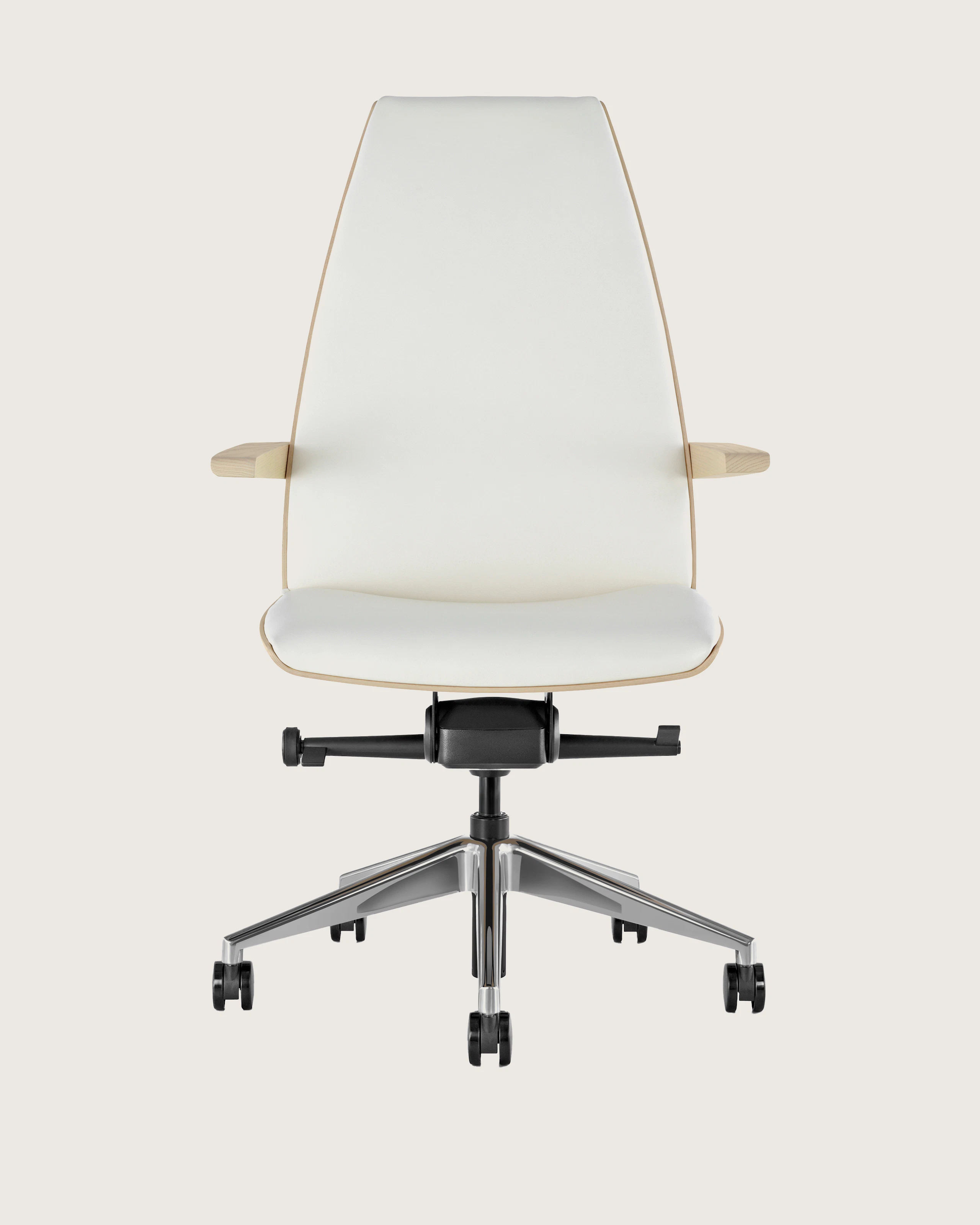 Front view of a high-back Clamshell Conference chair with arms and off-white leather upholstery and light-ash shell.