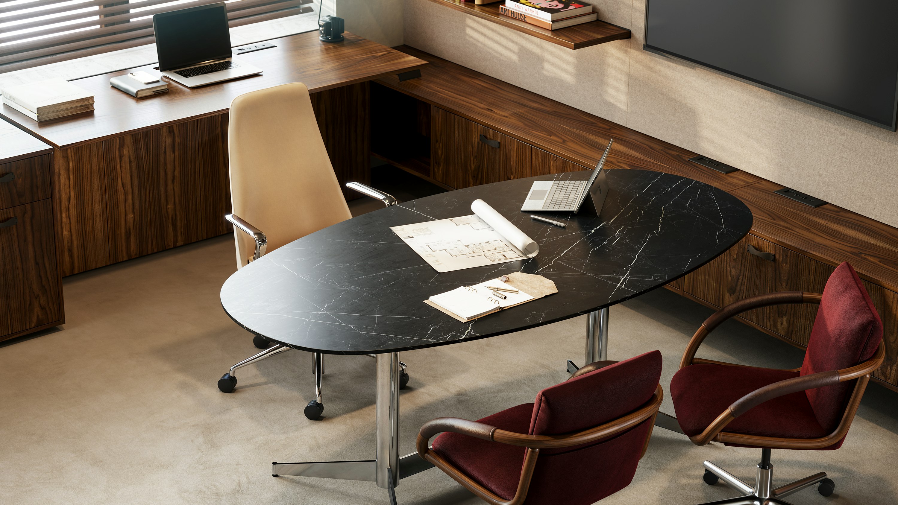 Geiger One Private Office in Persian Flat Cut Walnut with an oblong MP Desk, Taper Chair, and two Full Loop Chairs, viewed from above at an angle.
