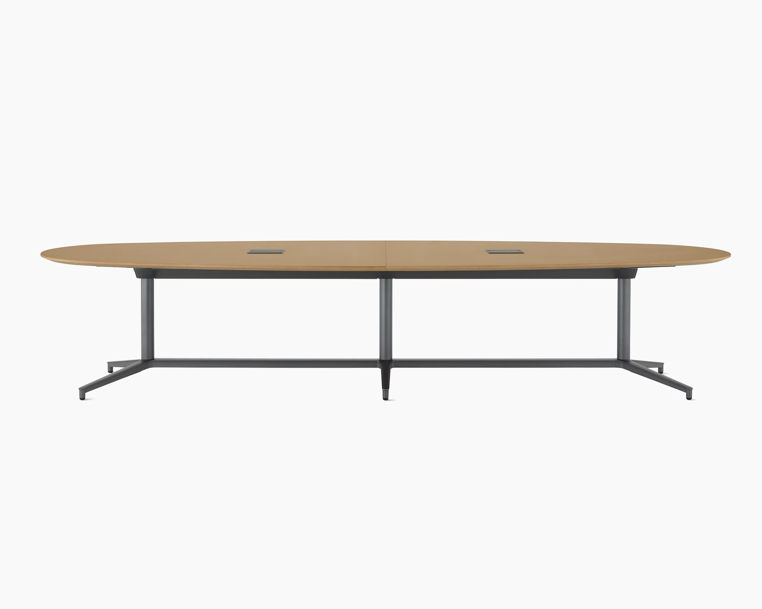 An oval Y base Headway conference table with a medium light wood top and dark gray base.