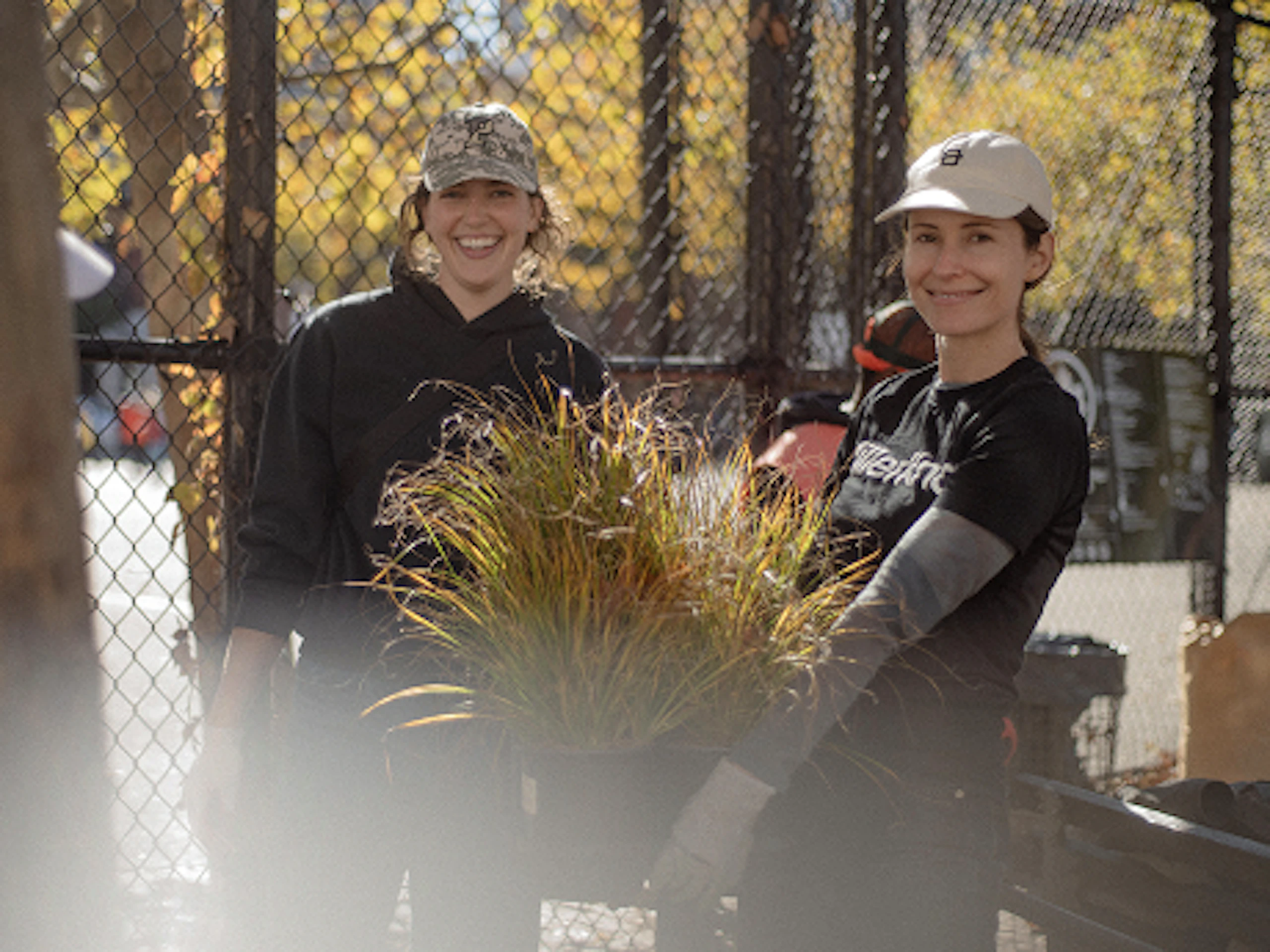 Two smiling women carrying a potted plant while volunteering during MillerKnoll Day of Purpose.