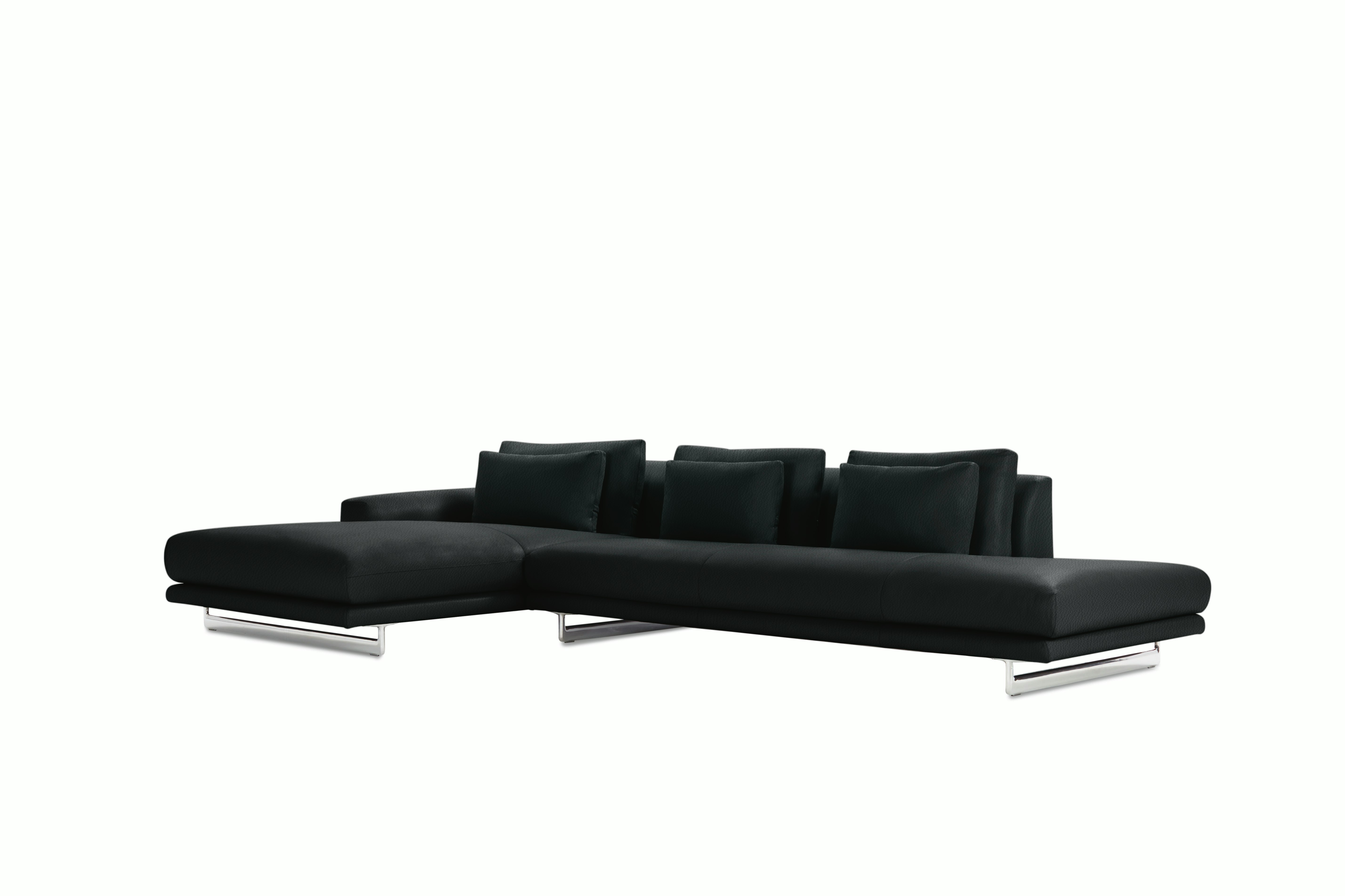 A black Lecco Open Sectional with Chaise viewed from the front