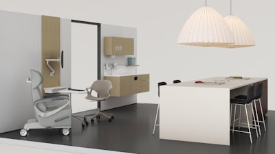 A room furnished with a light wood finish Compass System by Herman Miller, a grey Nemschoff Ava recliner and Zeph Chair by Herman Miller, and a large white table with four black chairs.