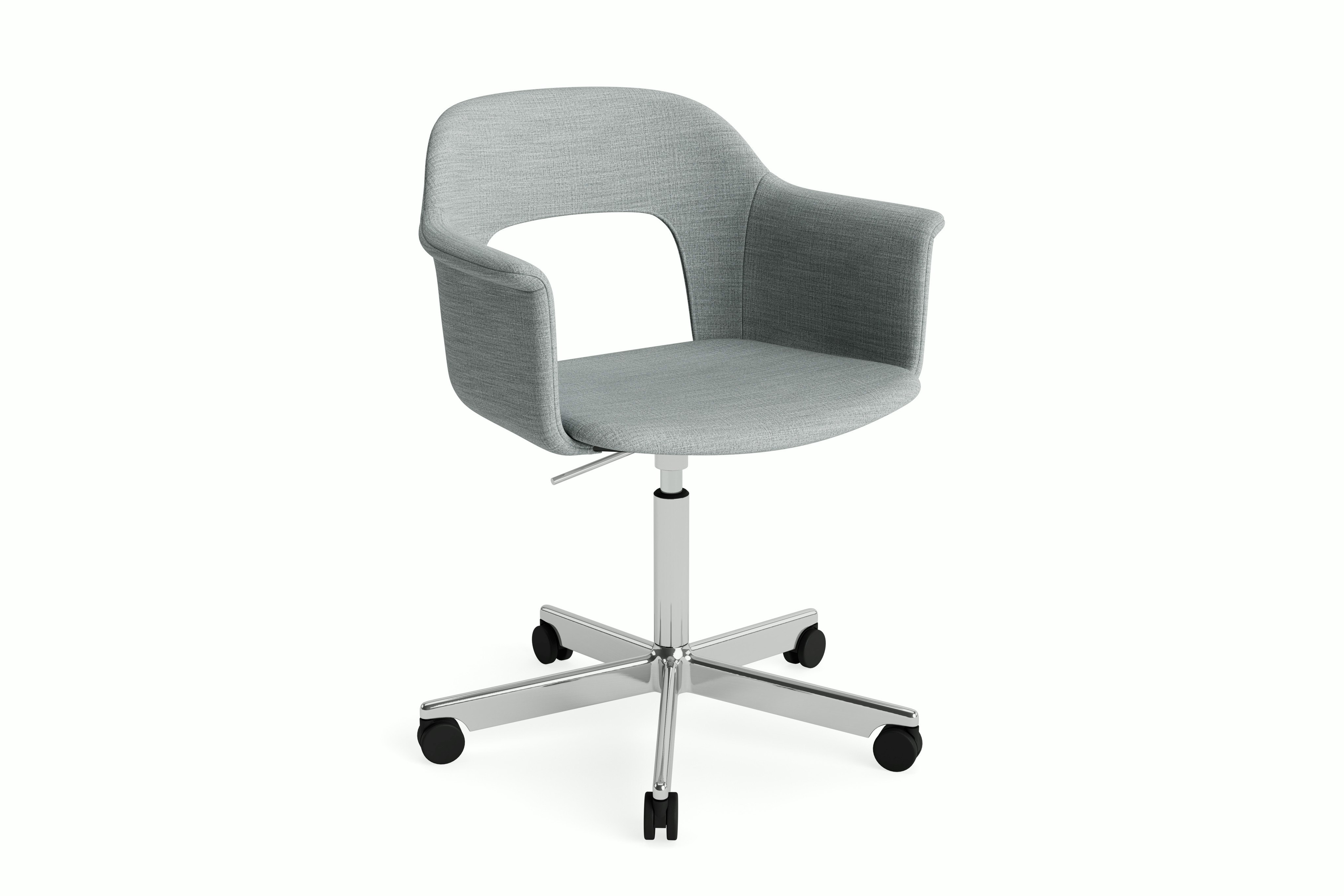 Layout Armchair fully upholstered grey on polished aluminum 5-star base with casters, front angled view.