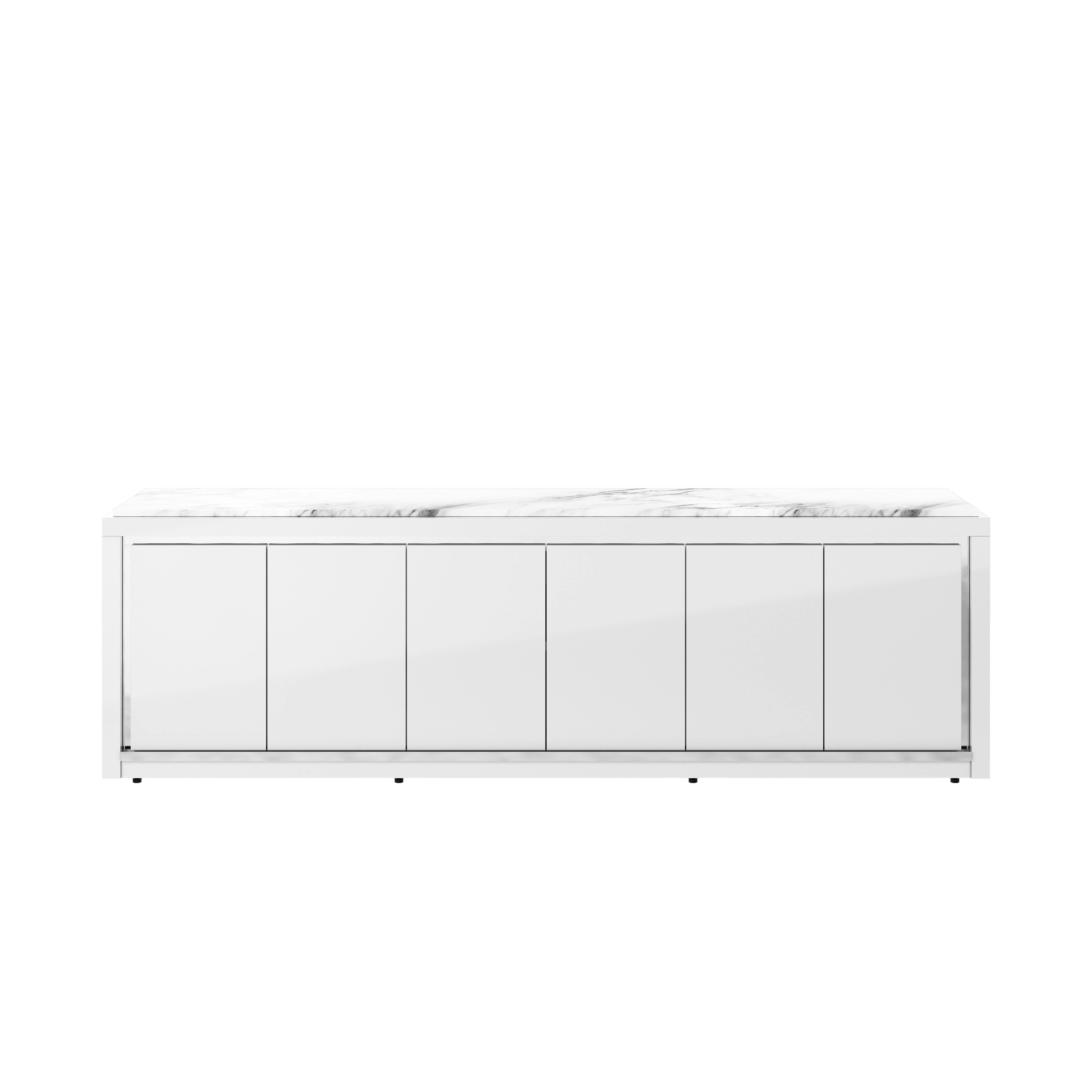 Highline Fifty Credenza in White Polyester with White Carrara Marble top and Polished Chrome Metal trim viewed from the front.