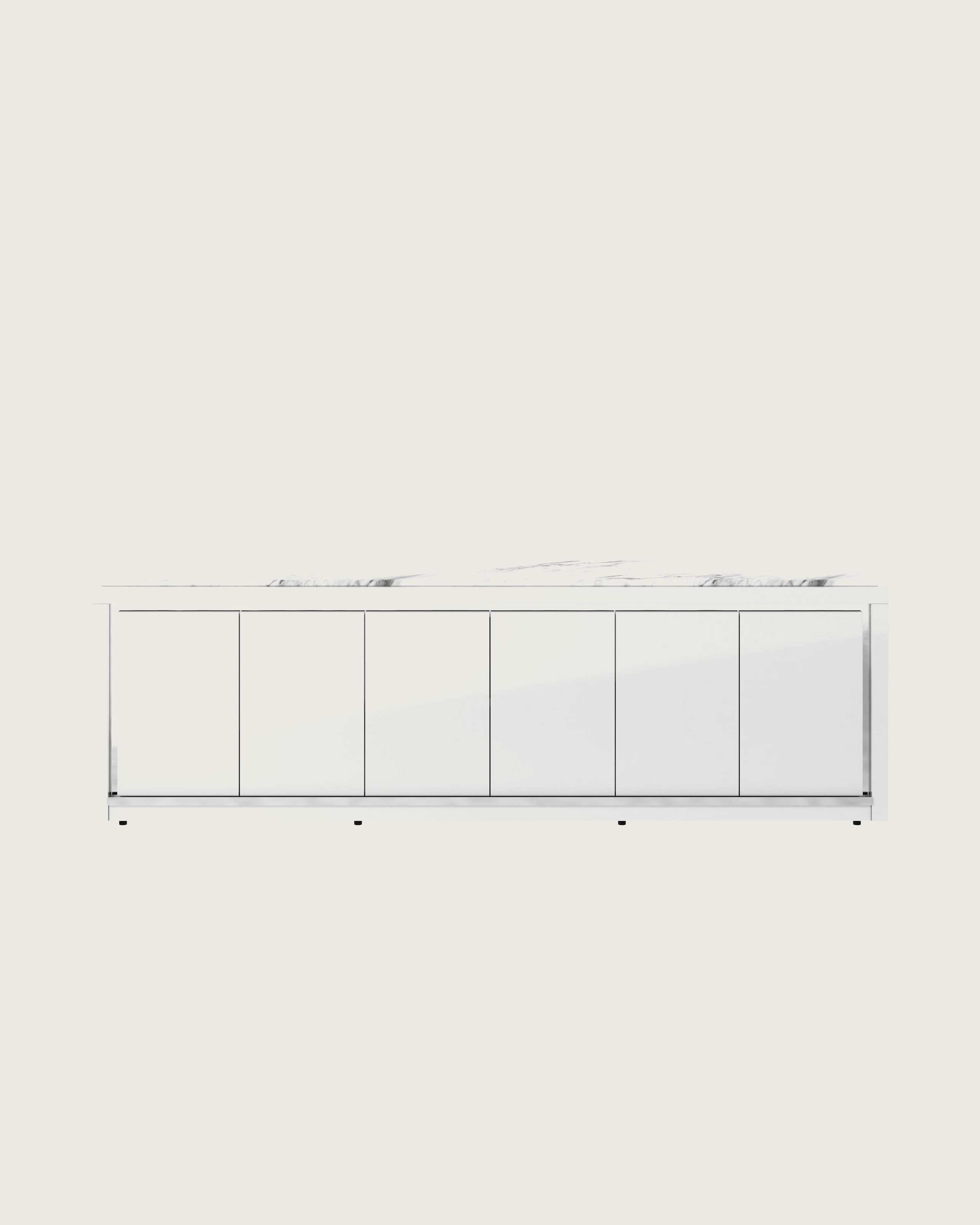 Highline Fifty Credenza in White Polyester with White Carrara Marble top and Polished Chrome Metal trim viewed from the front.