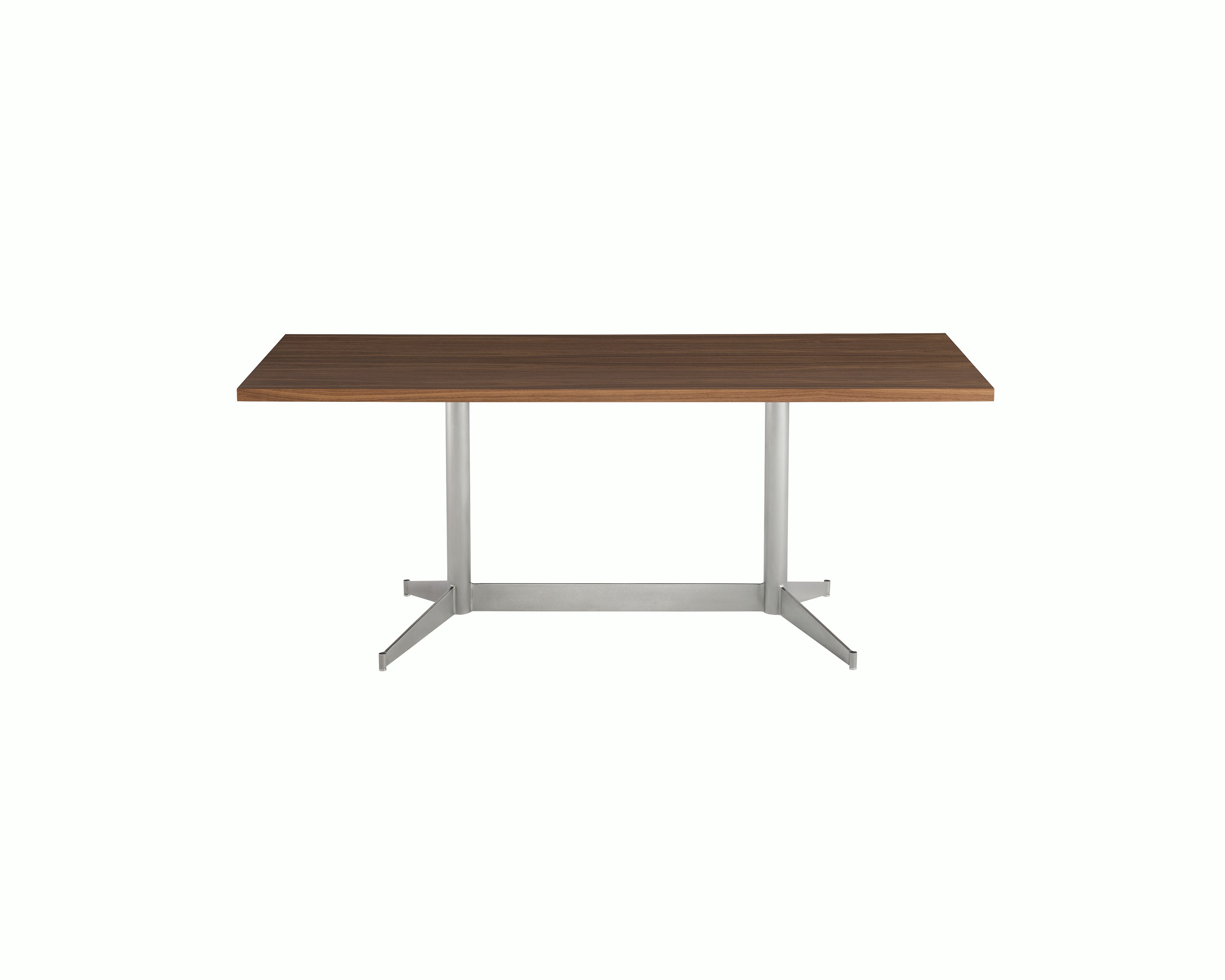 MP Table designed by Amir Paknya for Geiger in Natural Flat Cut Walnut with a Satin Chrome base shown on a white sweep, front view.
