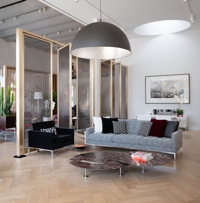 los angeles home design shop florence knoll lounge chair sofa grasshopper table rockwell unscripted creative wall living room