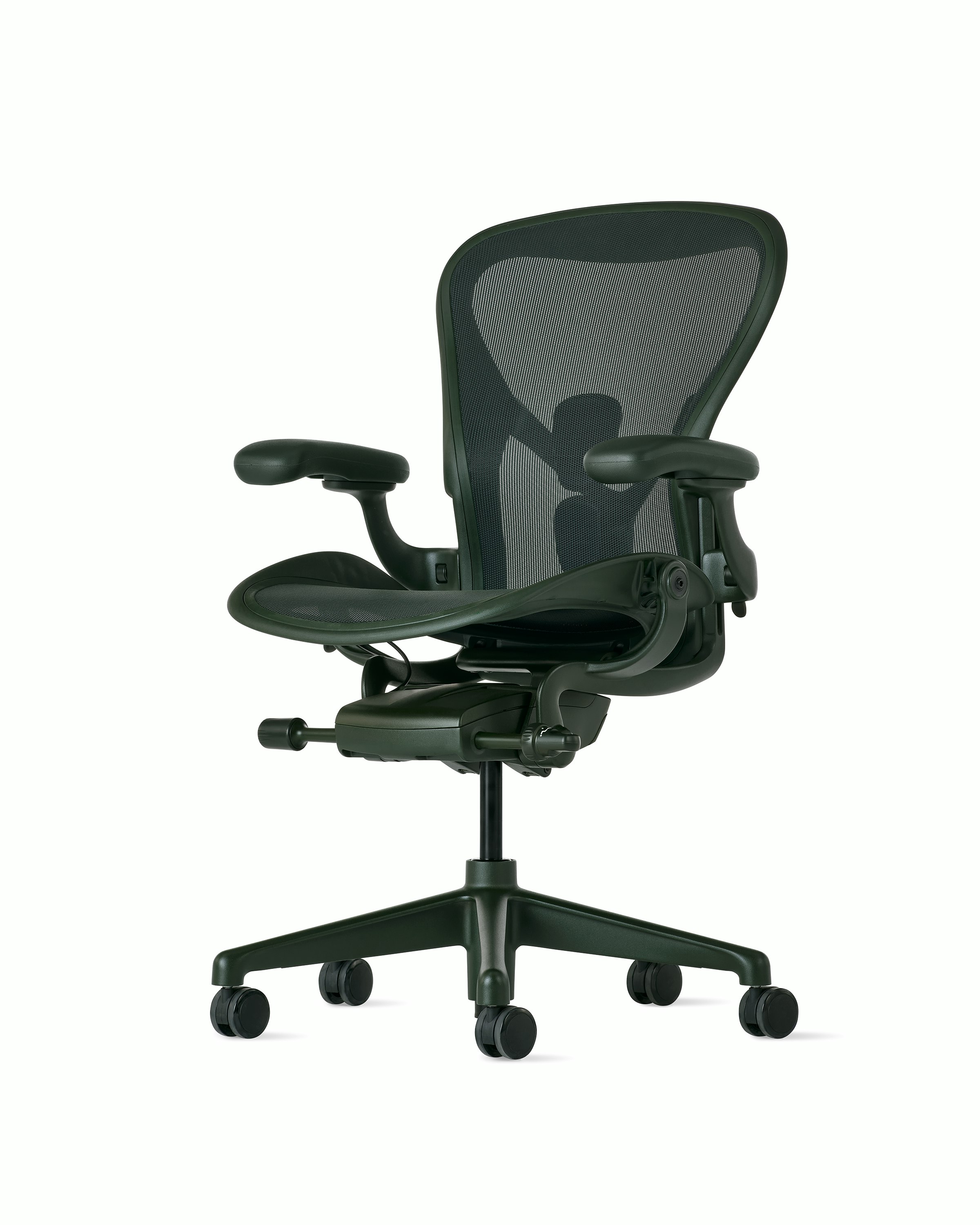 Front angle view of an Aeron chair in dark green with PostureFit SL.