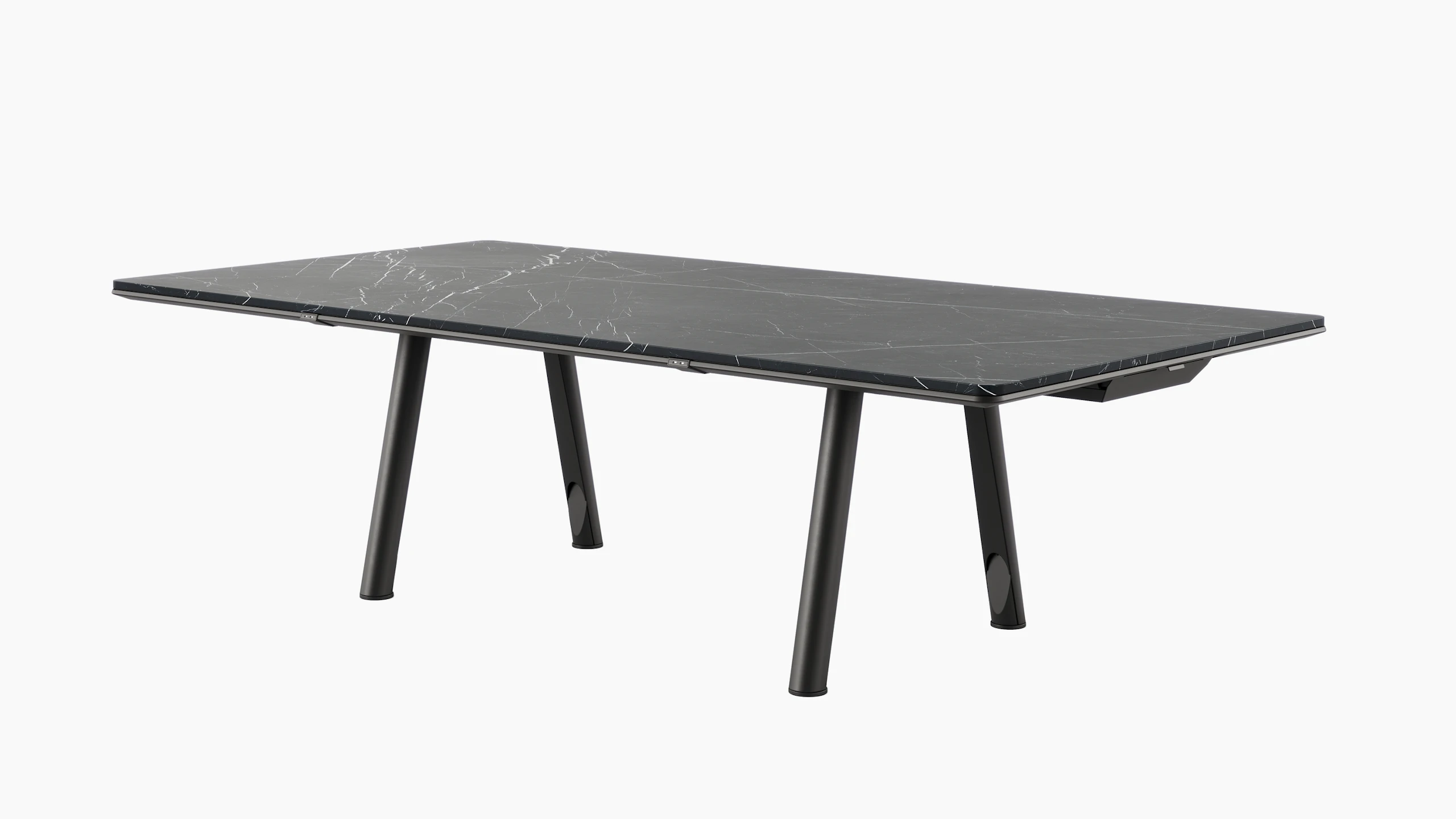Ascent Conference Table designed by EOOS in Nero Marquina marble with a jet black base shown at an angle on a white sweep.